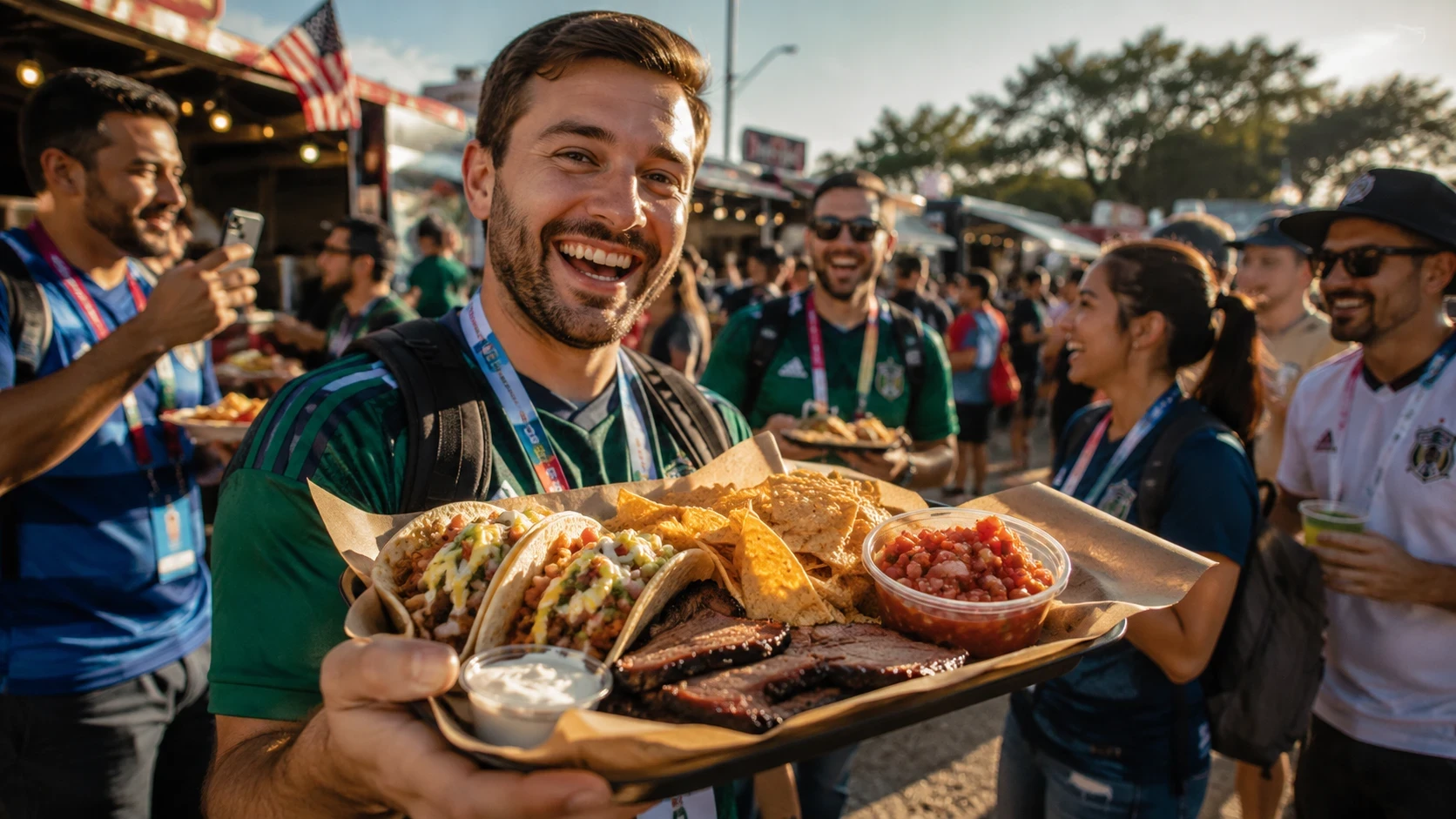 International visitors enjoying Texas barbecue, tacos, chips with salsa, and ranch dressing while discovering American food culture during the World Cup.