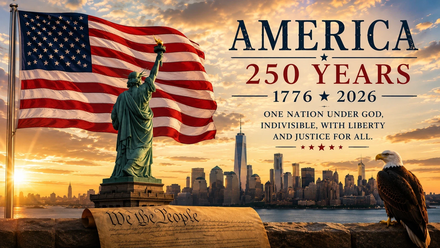 America 250, The flag, the statue and an eagle.