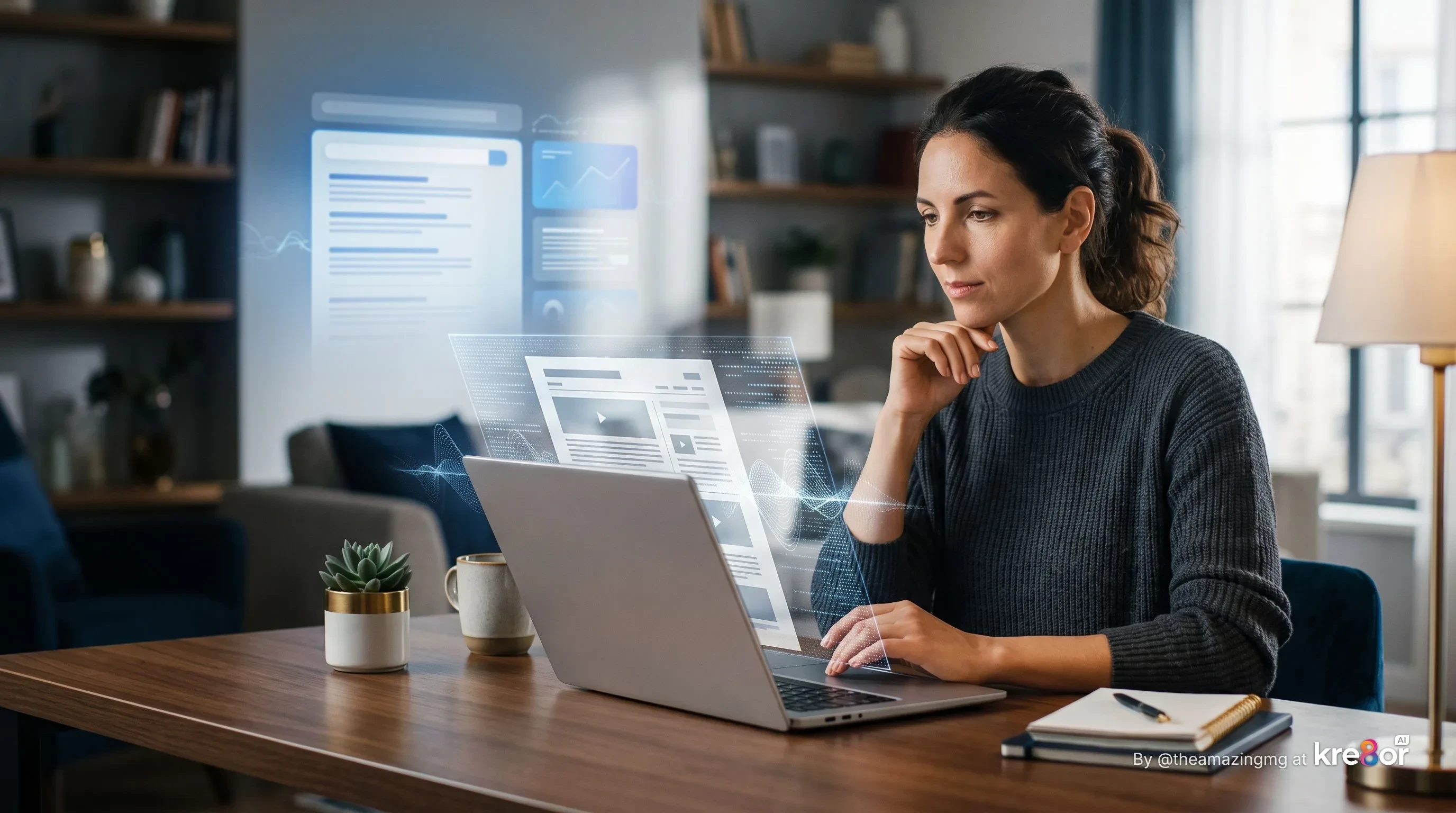 Content creator reviewing AI-generated content and invisible digital watermarking on a laptop