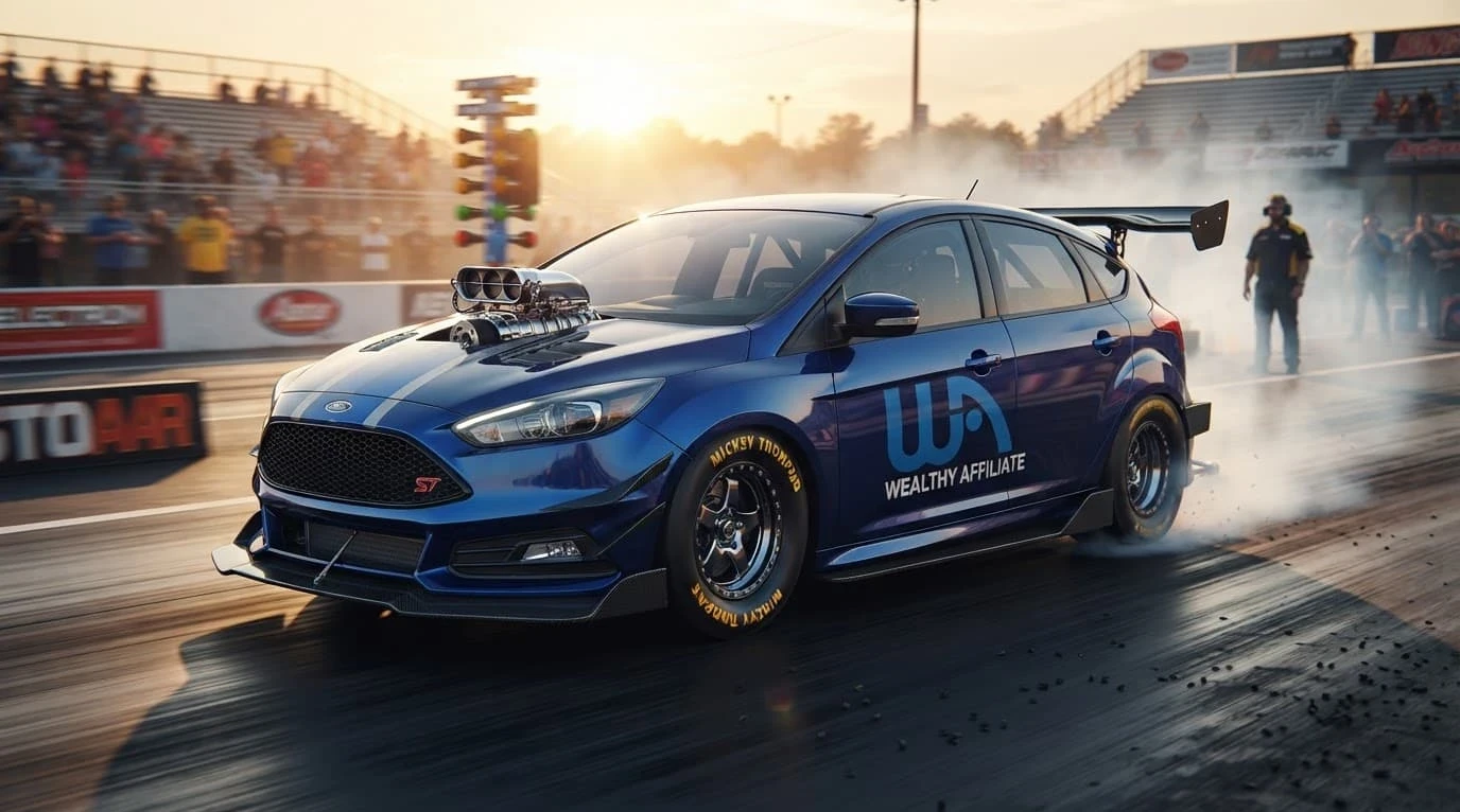 A Ford Focus with a Wealthy Affiliate Logo. The Focus has a supercharger which symbolizes the new ACE Assistant AI