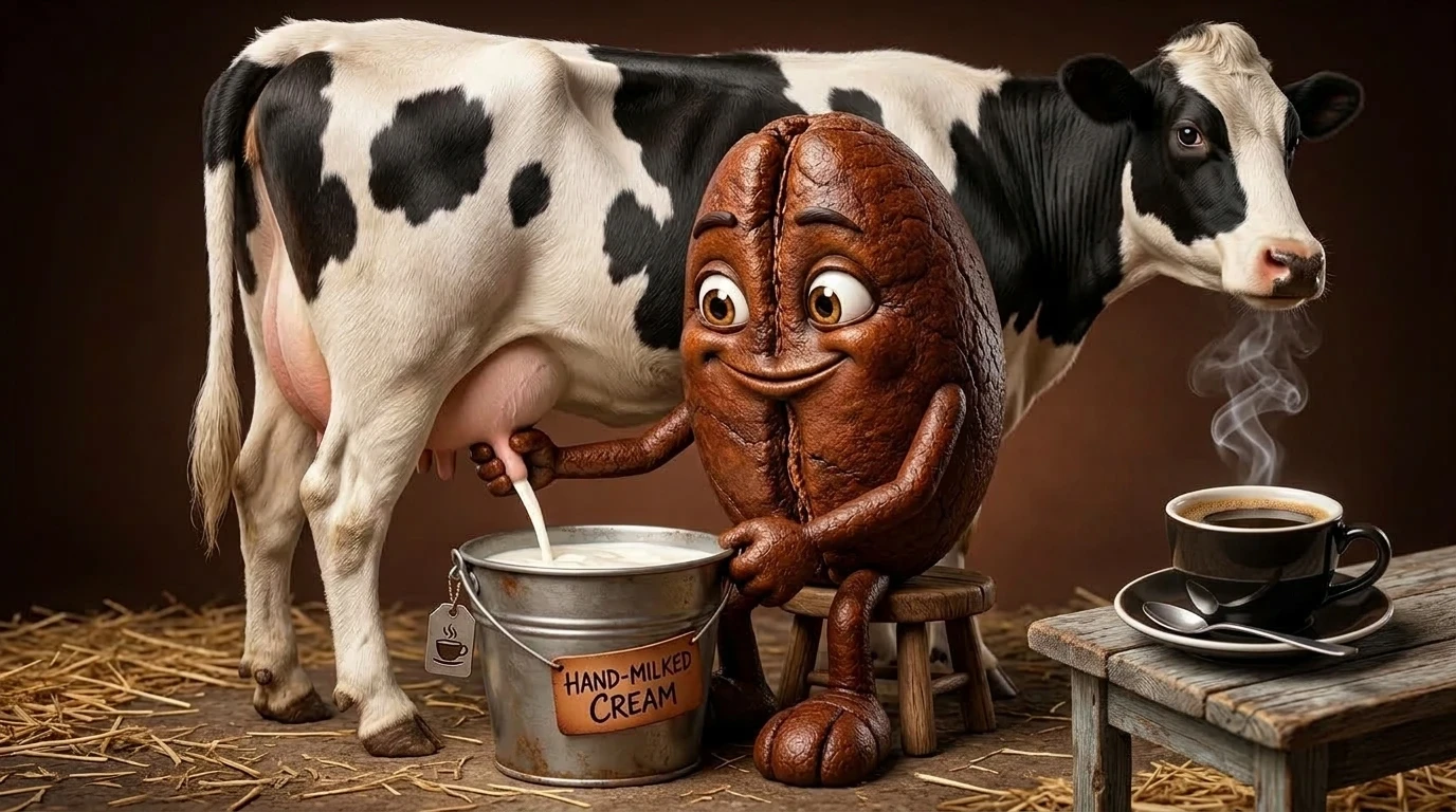 Coffee bean milking a cow for fresh cream for coffee