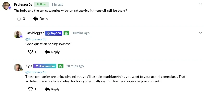 Screen shot a comment about the HUBs being phased out. 