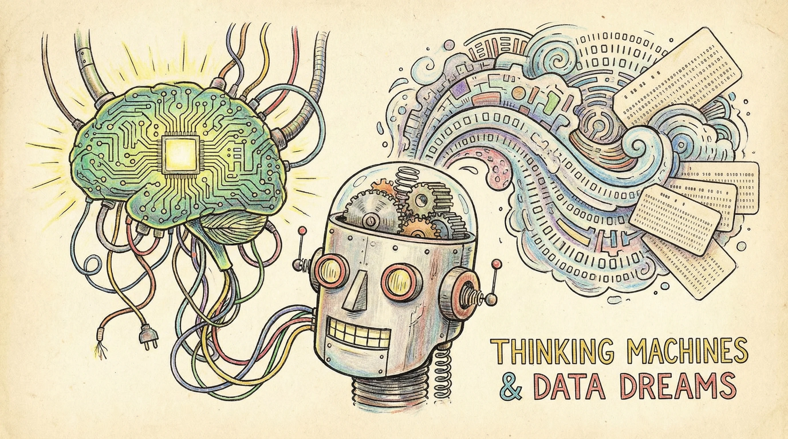 A quirky illustration showing classic artificial intelligence icons: a glowing circuit board brain, gears meshing inside a robot head, and abstract data patterns.