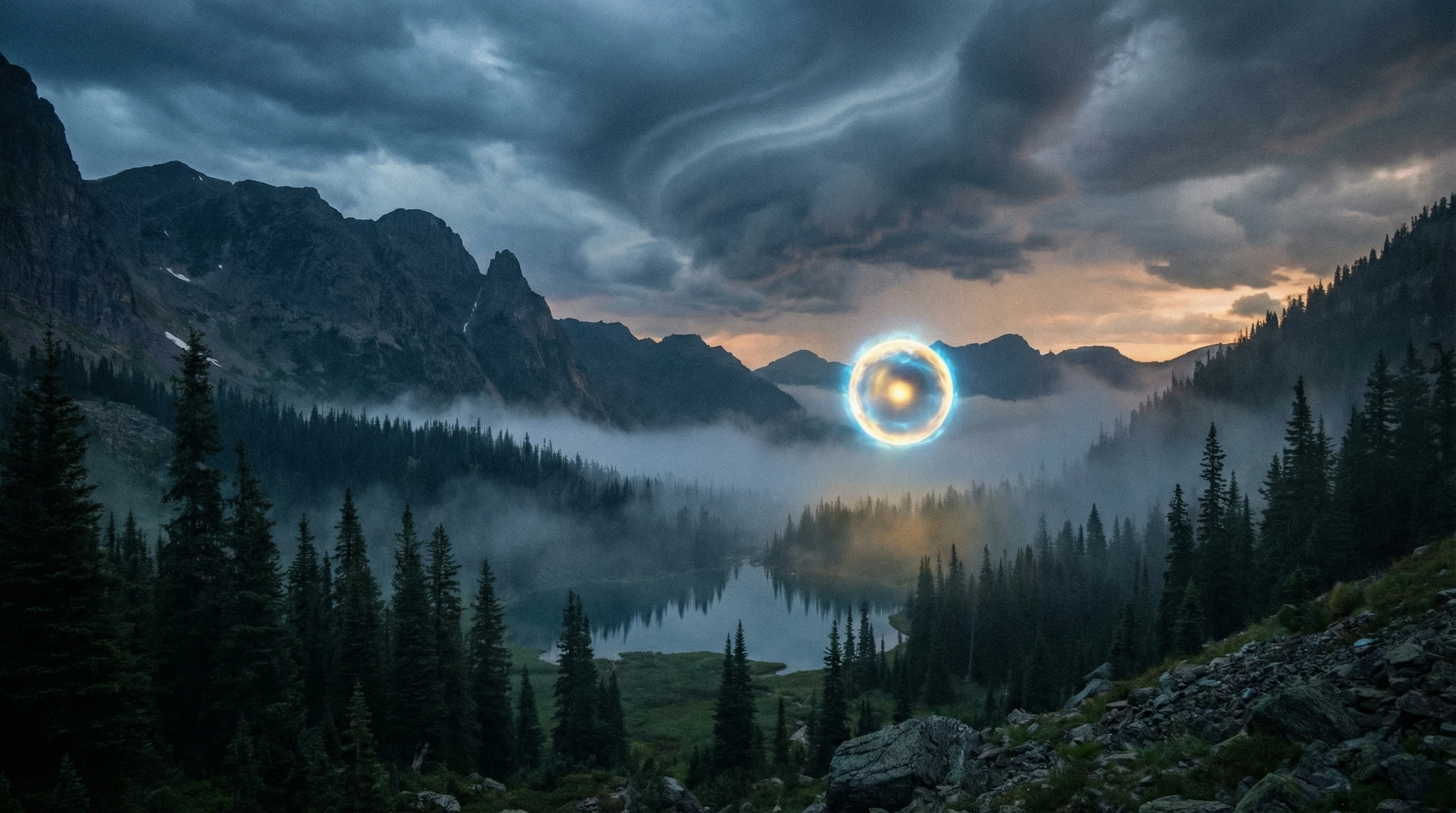 Mysterious natural phenomenon: fog-covered lake and strange lights in the sky