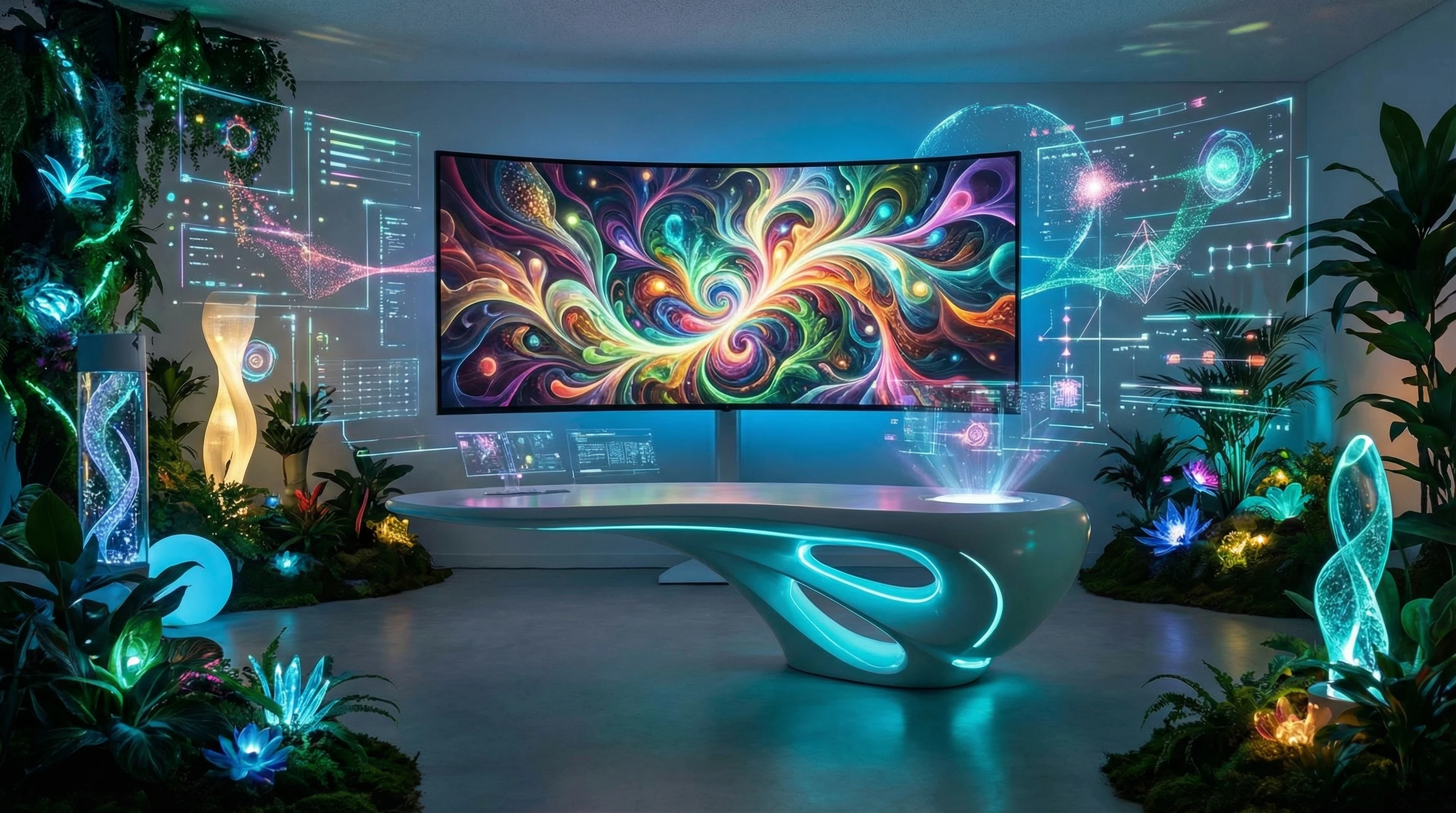 Futuristic workspace with a computer screen displaying vibrant AI-generated content, surrounded by digital interface elements and abstract graphics