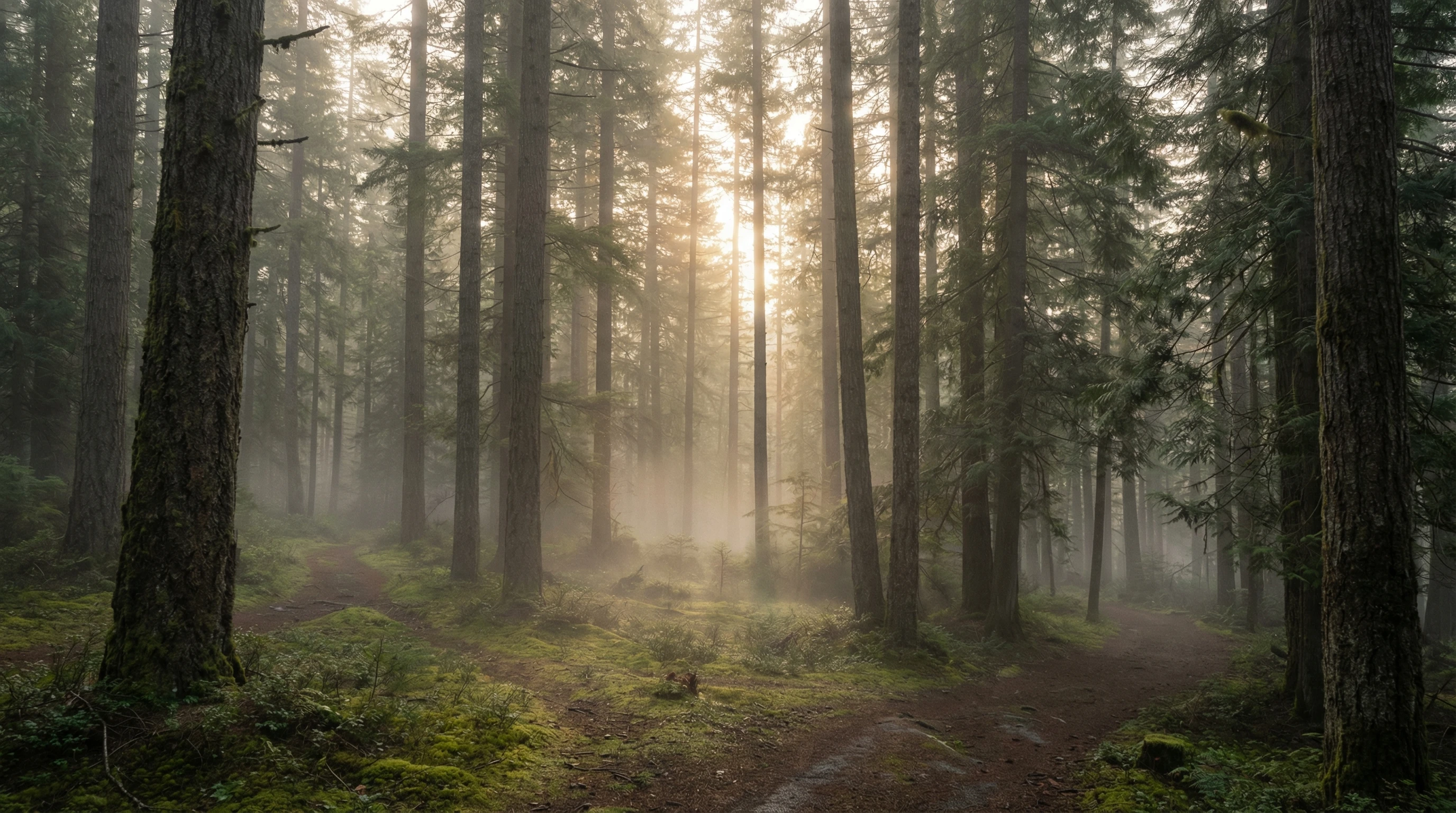 Large forest in the Pacific Northwest with morning fog across the trees