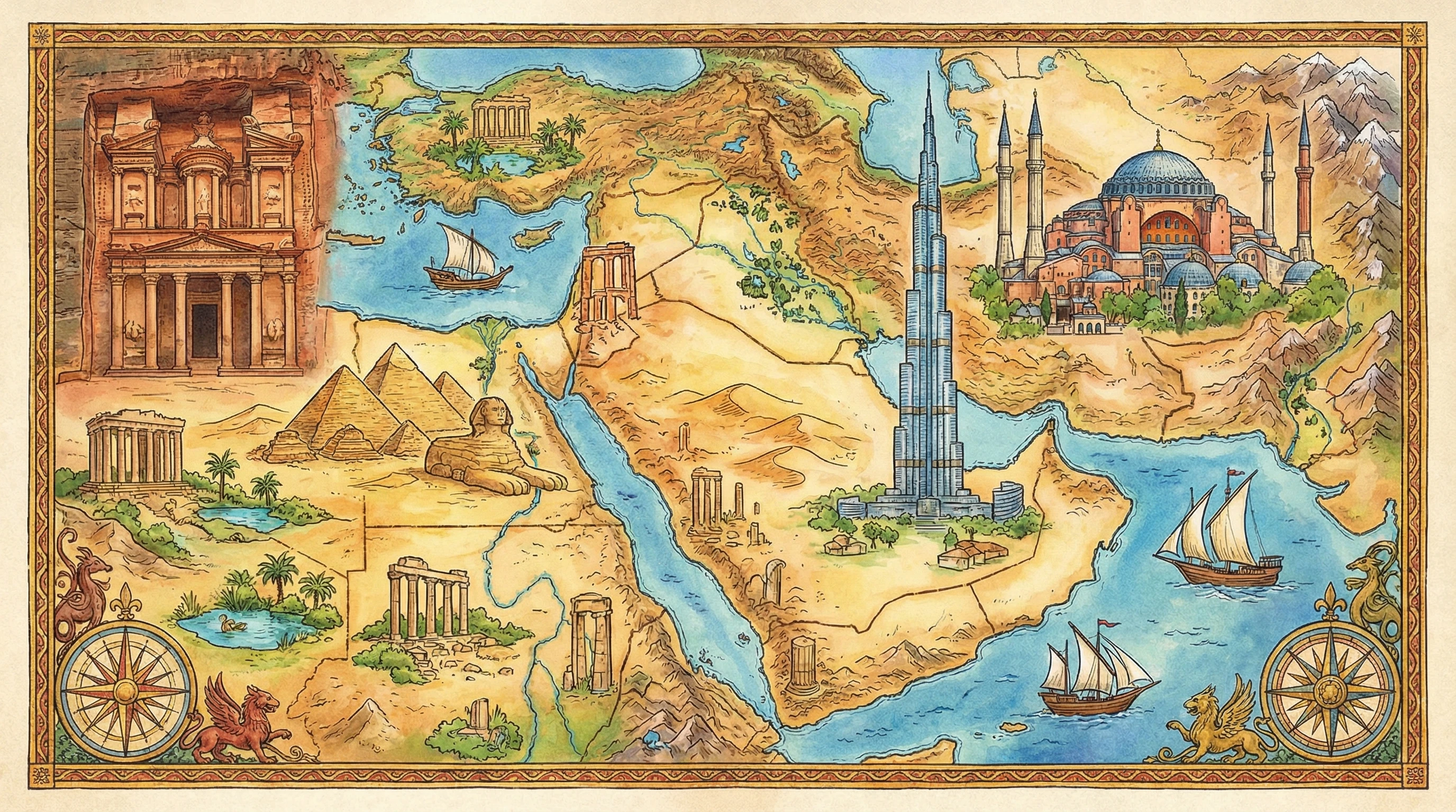 A mosaic map showing famous Middle Eastern landmarks such as Petra, the Pyramids, Burj Khalifa, and the Blue Mosque.