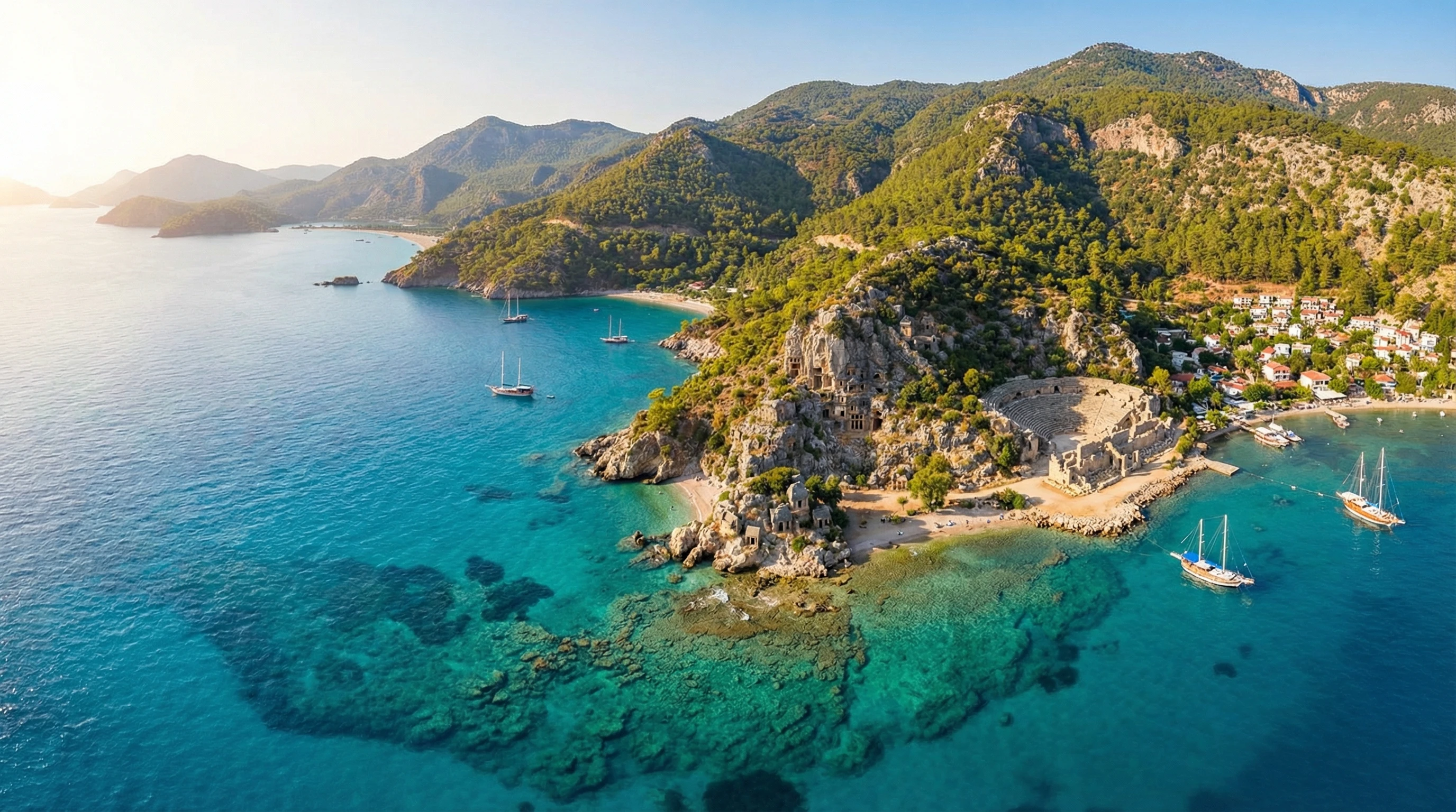 A breathtaking aerial view of the Turkish Riviera coastline, showcasing clear turquoise waters, pine-covered hills, and ancient ruins along the shore.