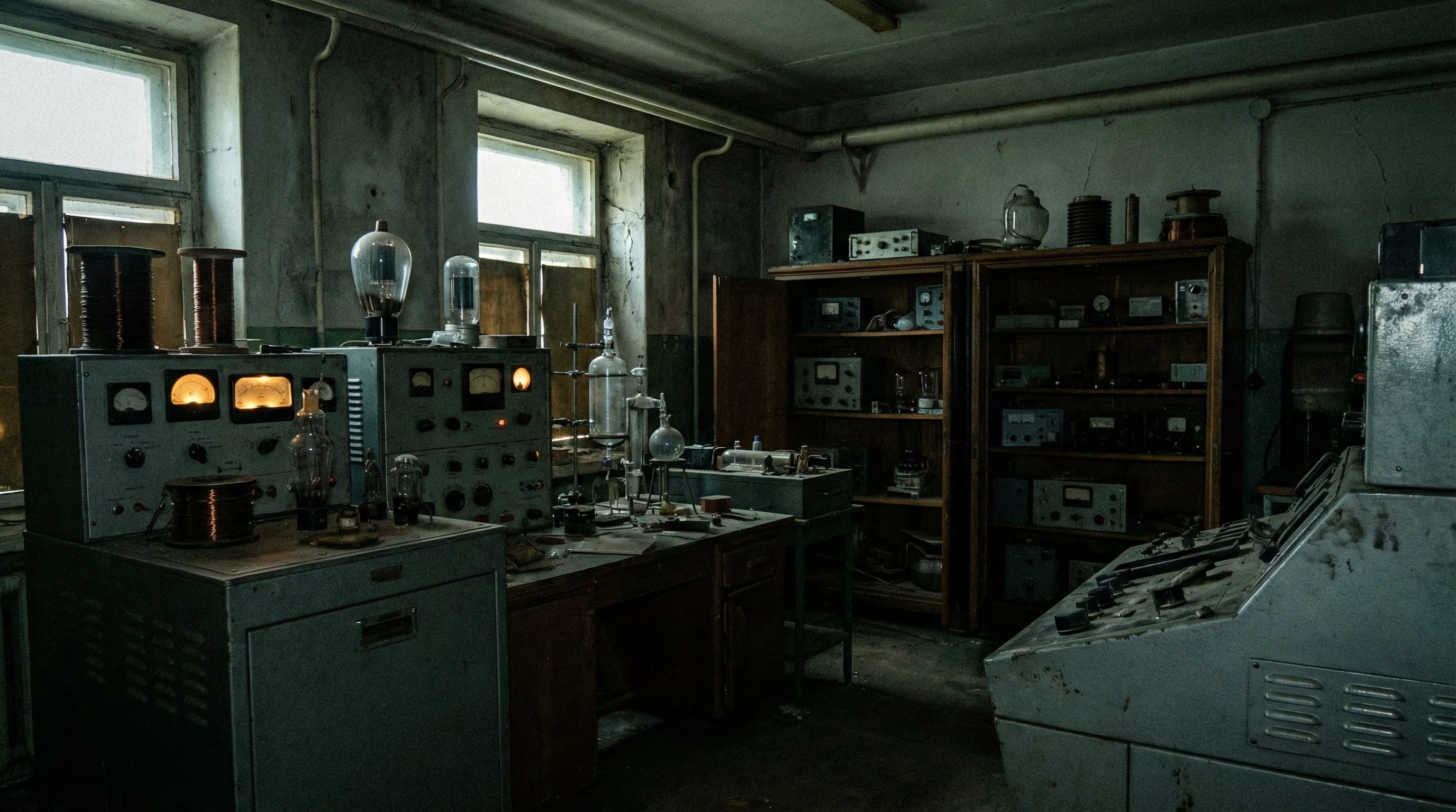 Vintage laboratory equipment and old files on a wooden table, surrounded by dim lighting and mysterious gadgets.