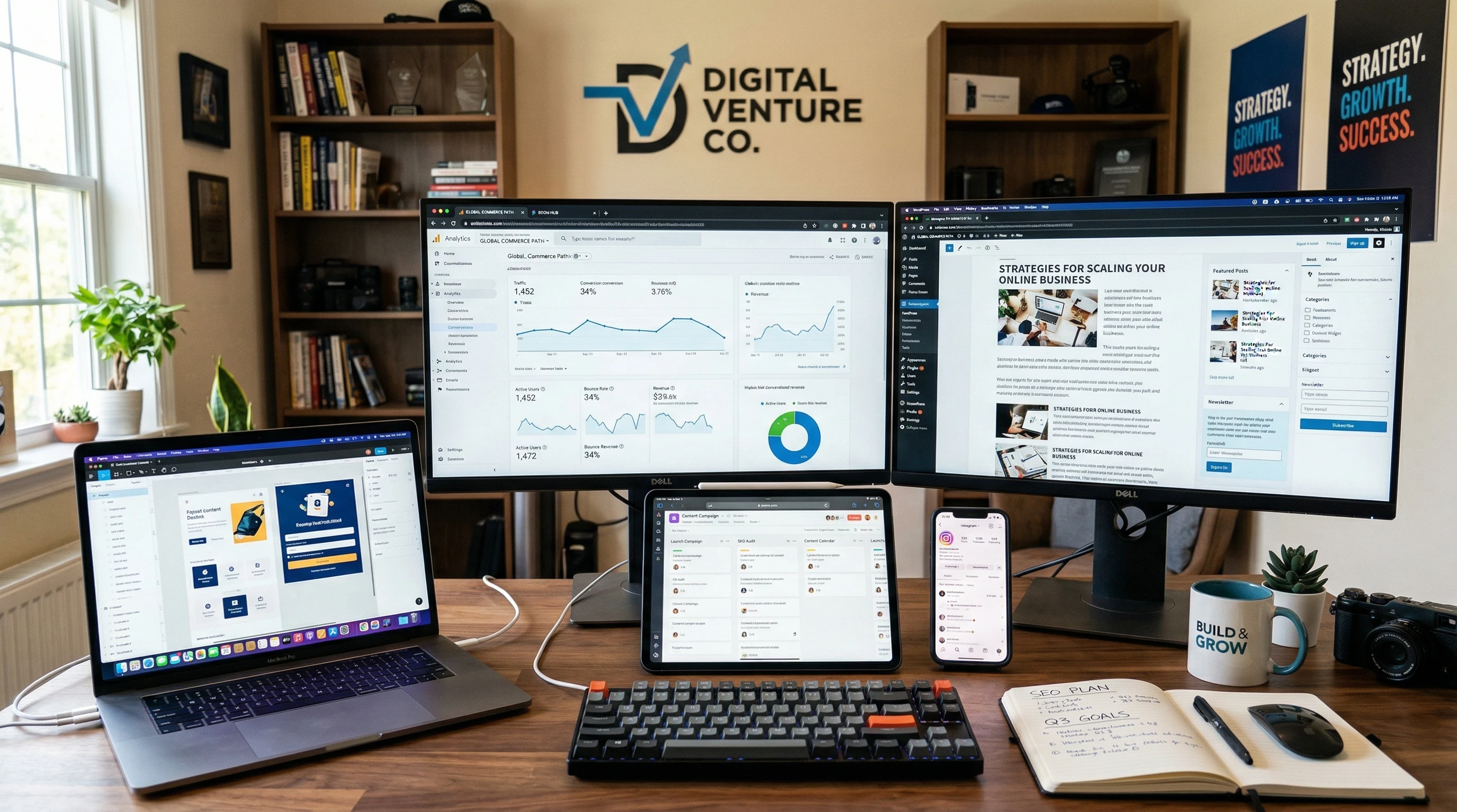 A collection of digital tools and content elements on a workspace conveying the feel of building an online business.