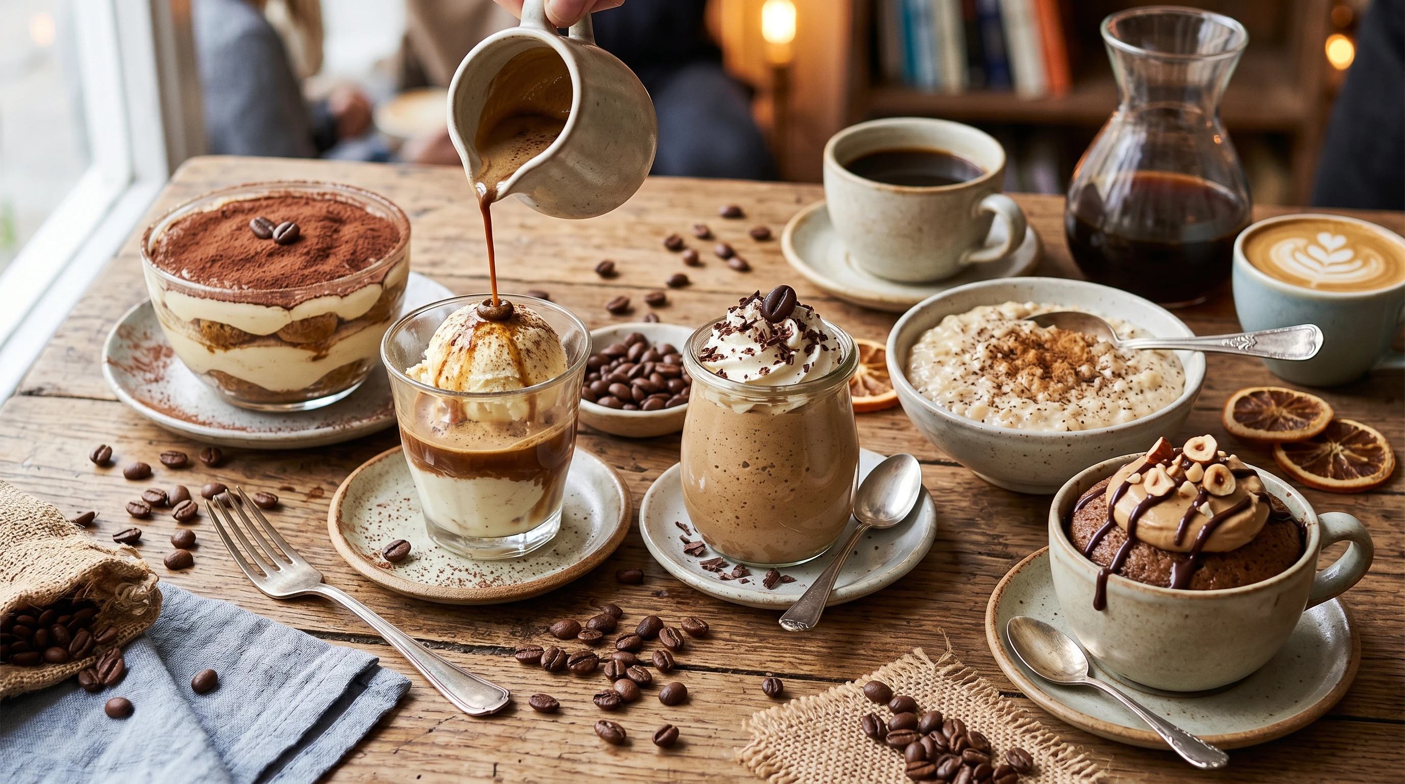 A spread of coffee-flavored desserts on a table, including tiramisu, affogato, and coffee mousse
