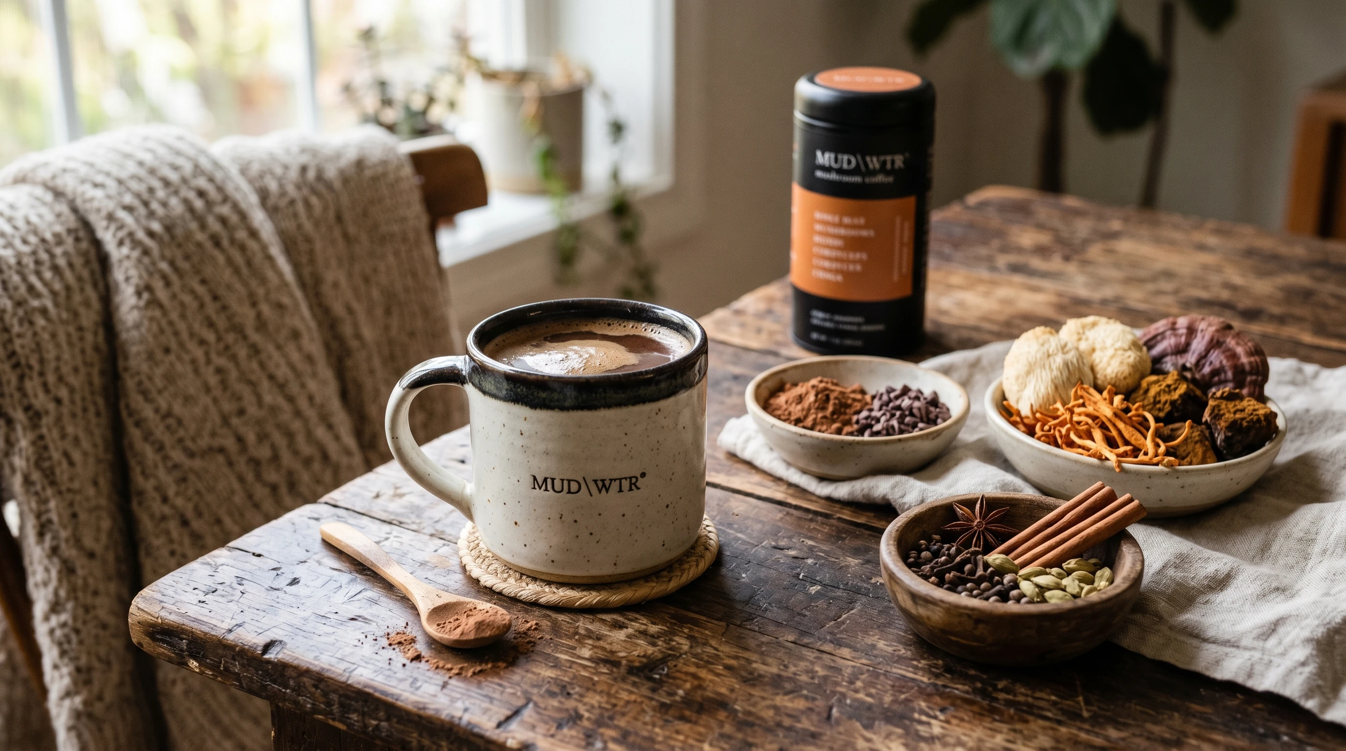 A mug of Mud Wtr mushroom coffee beside its natural ingredients—cacao, chai spices, and dried mushrooms—on a cozy tabletop.