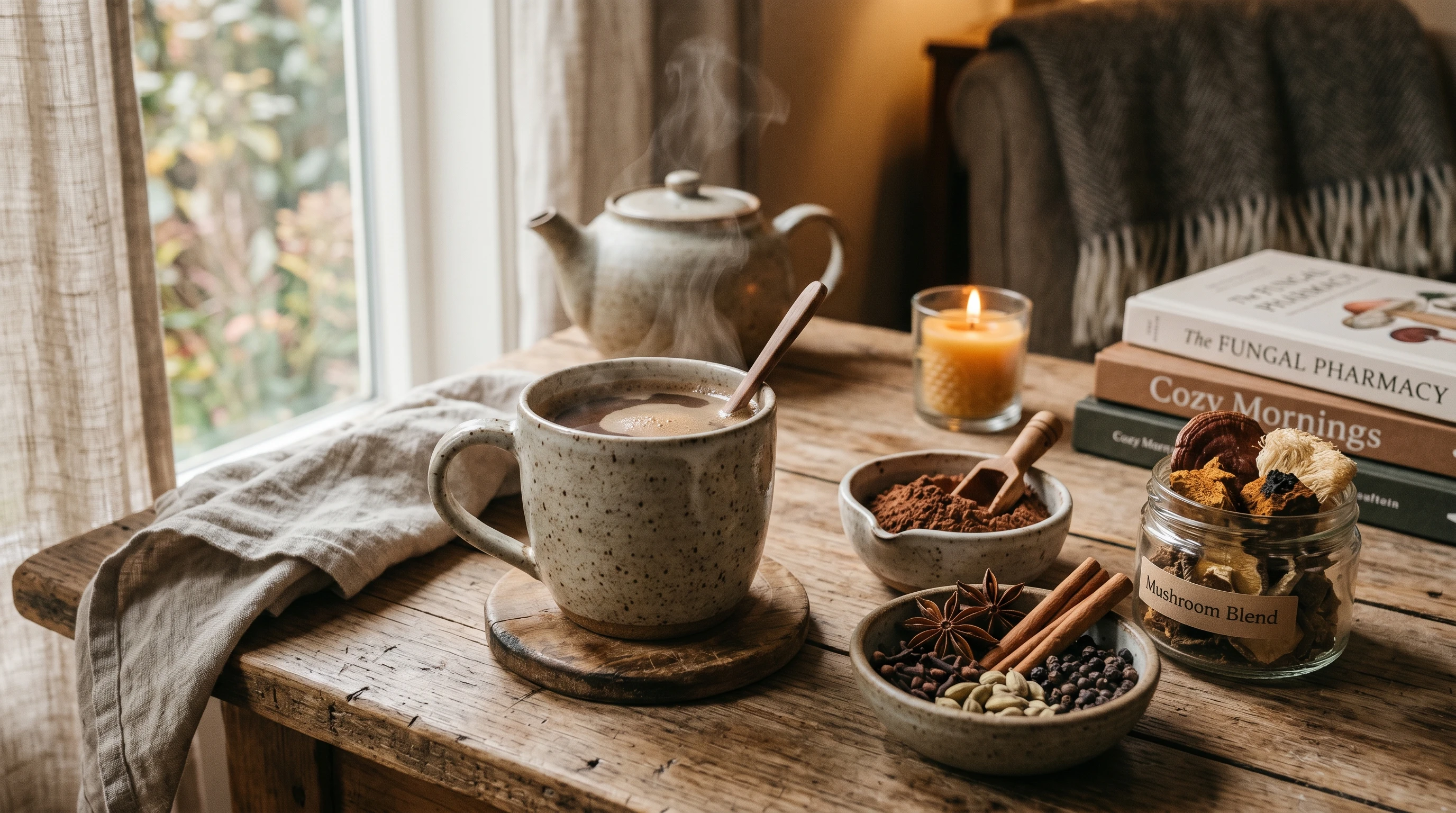 A cozy morning scene featuring a warm cup of mushroom coffee beside cacao, spices, and dried mushrooms.