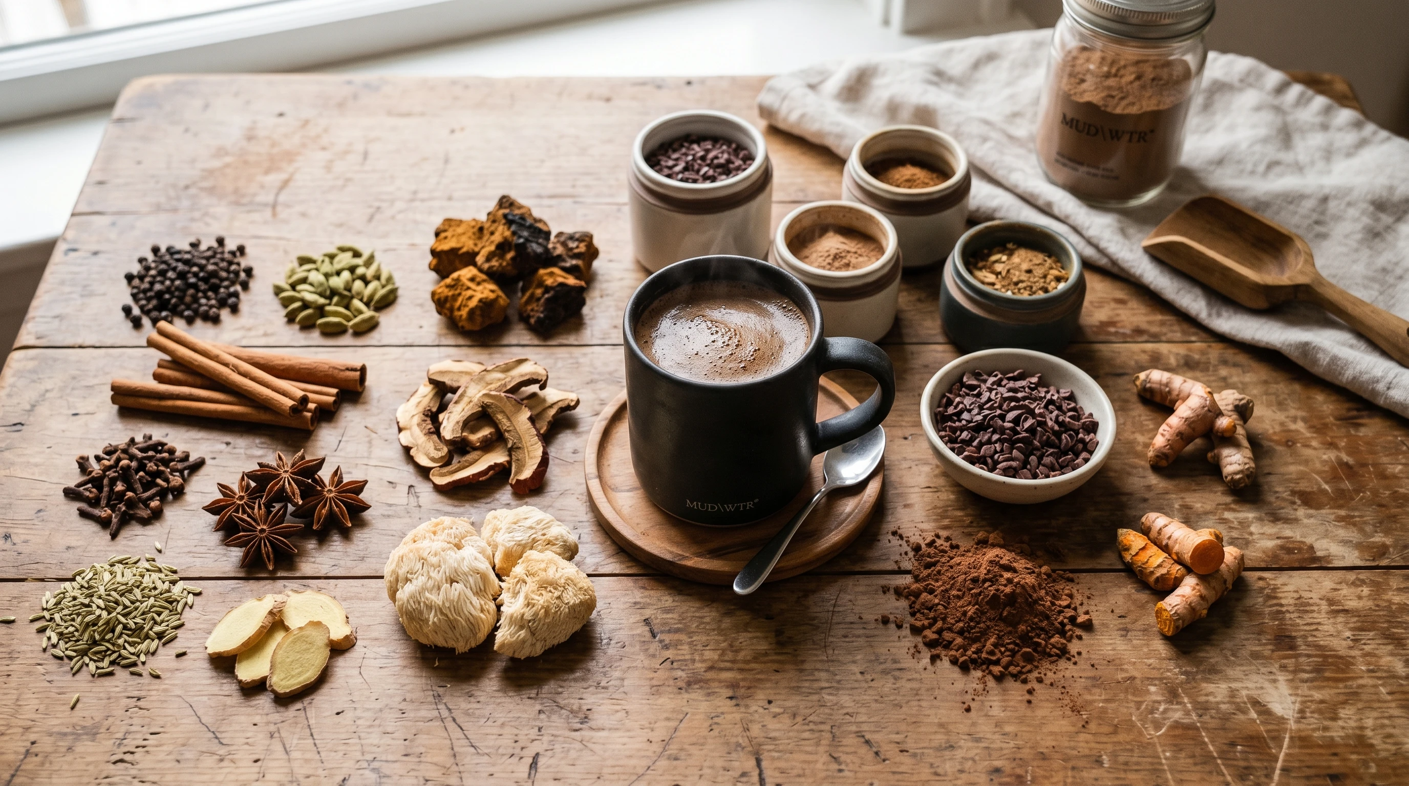 A collection of dried chai spices, cacao, and functional mushrooms laid out alongside a cup of prepared Mud Wtr.