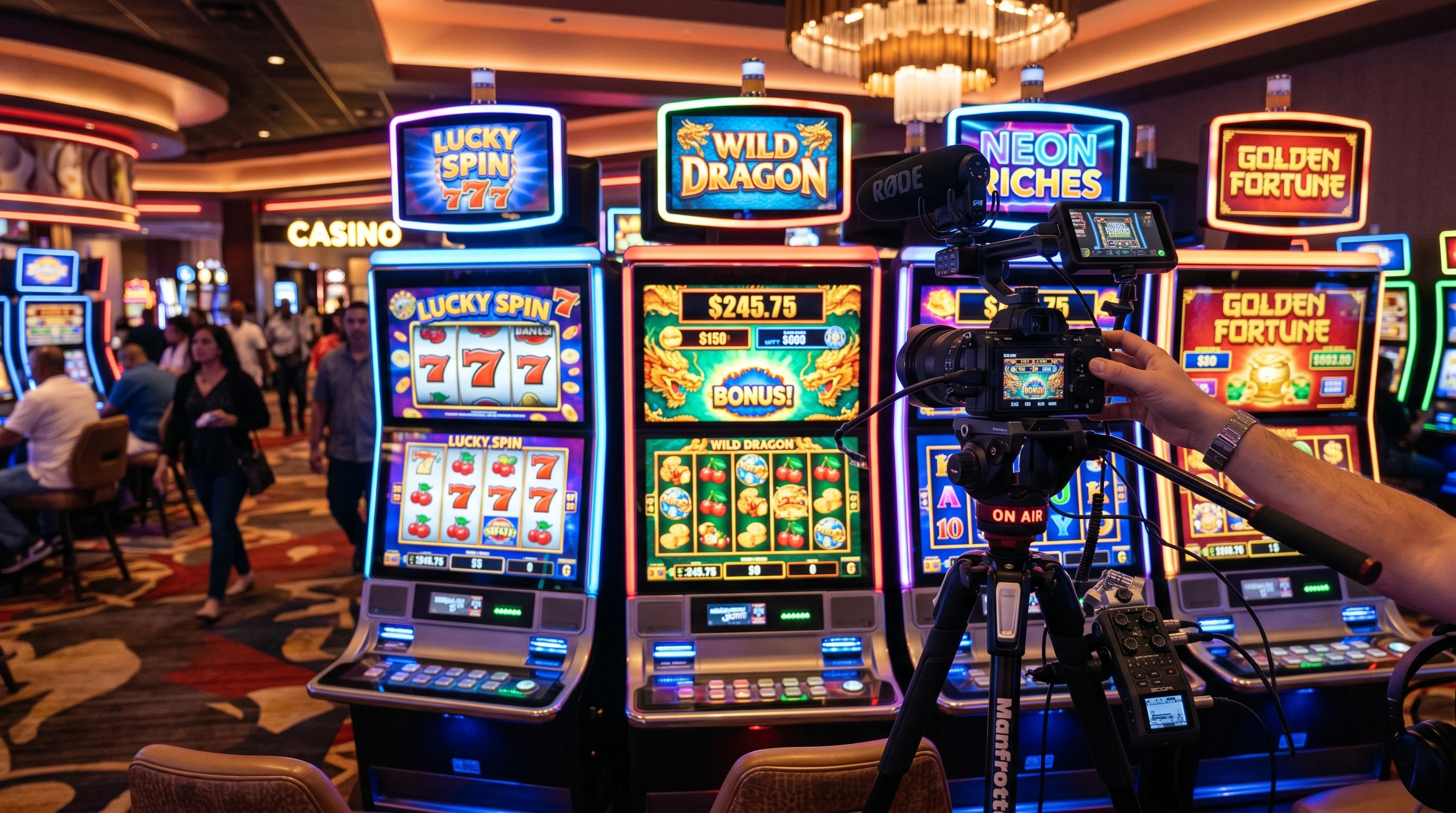 Colorful slot machines and streaming setup with camera and lighting