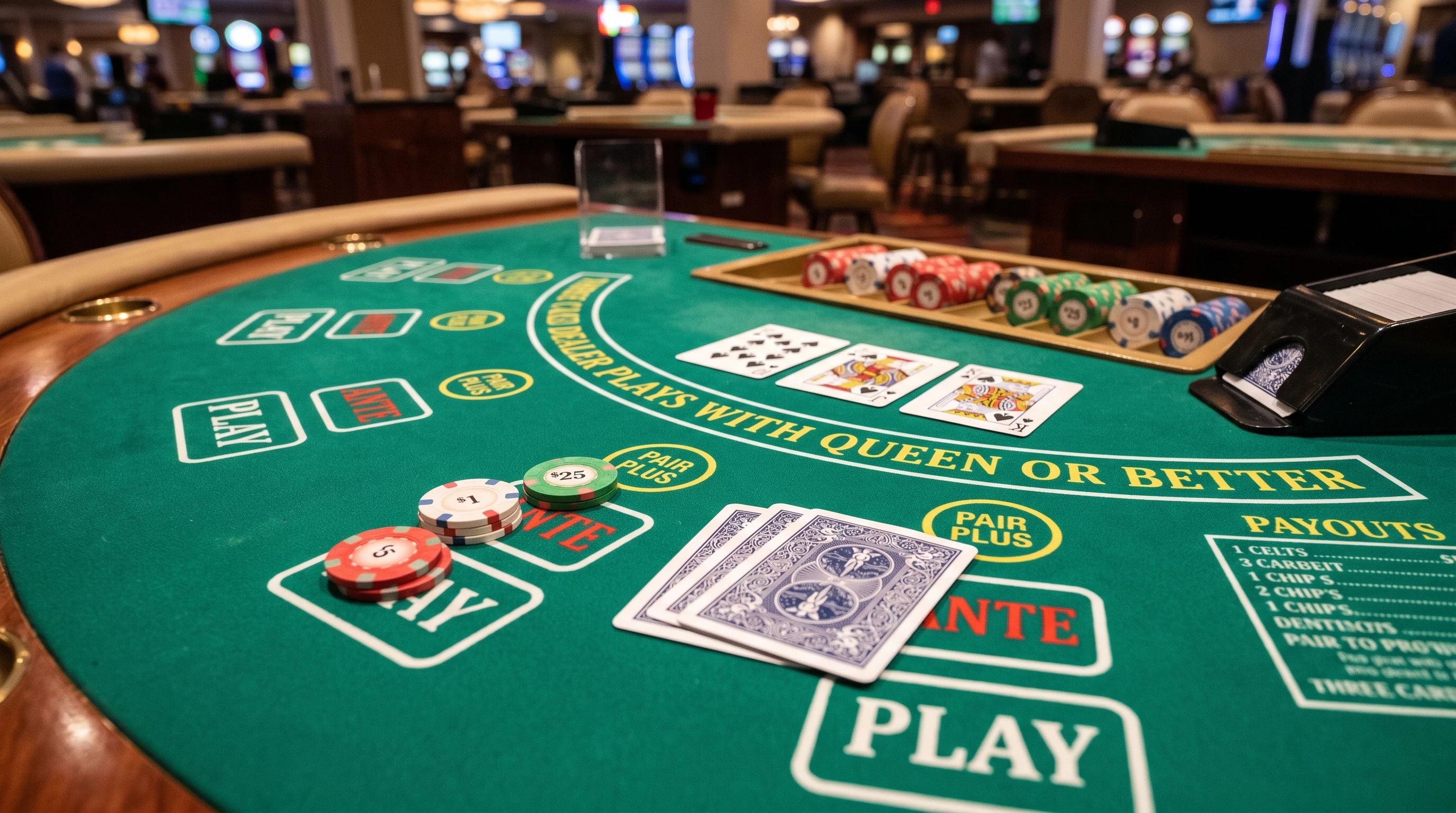 A close-up of a Three Card Poker table showing cards, chips, and a felt layout, no people visible.