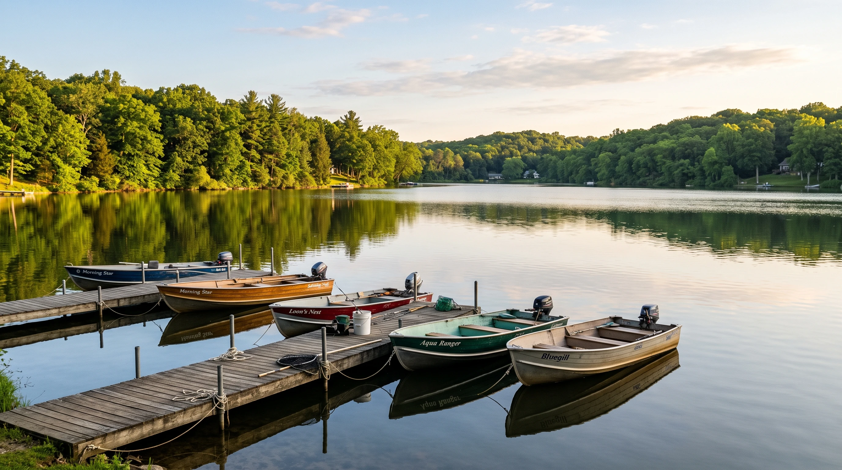 A peaceful morning over Lake Webster, showing calm water, docked fishing boats, and forested shorelines.