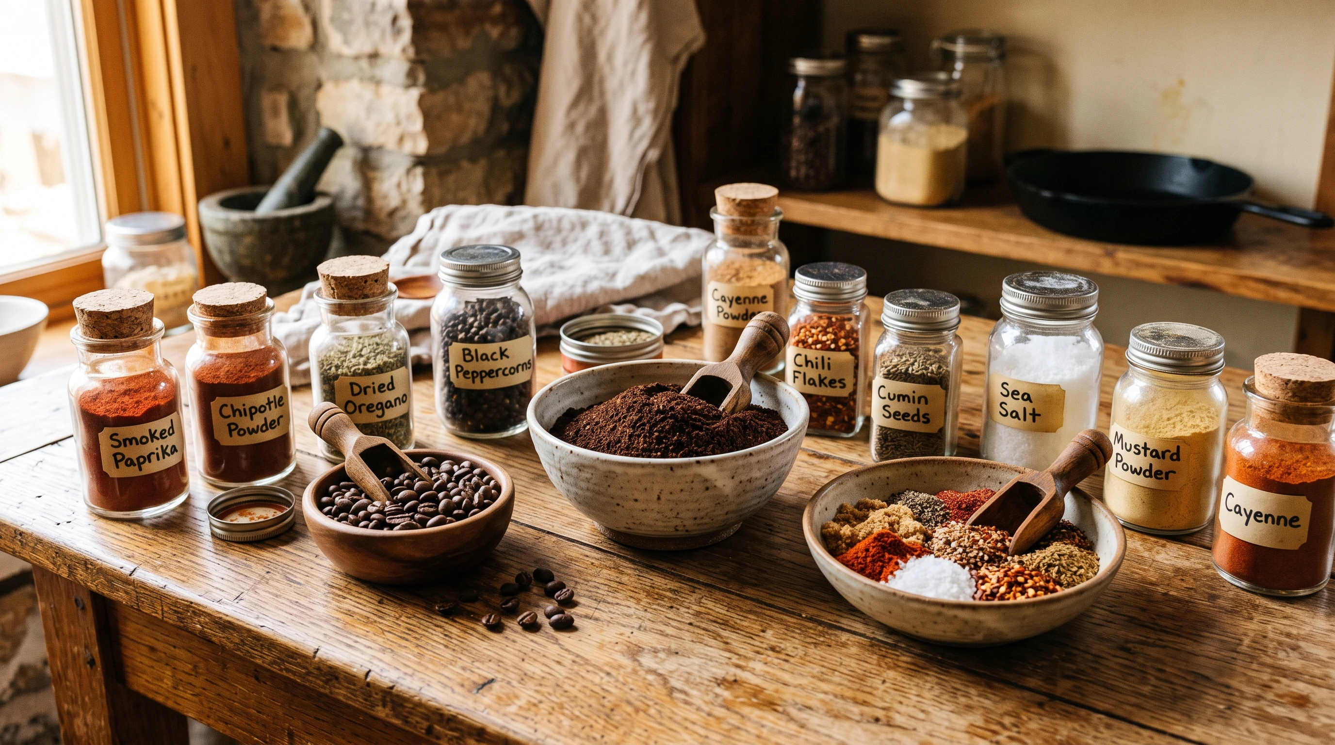 Spice jars and a bowl filled with ground coffee surrounded by wooden scoops, coffee beans, and BBQ rub ingredients arranged on a rustic kitchen table. Warm, natural lighting emphasizes the deep colors and earthy textures.