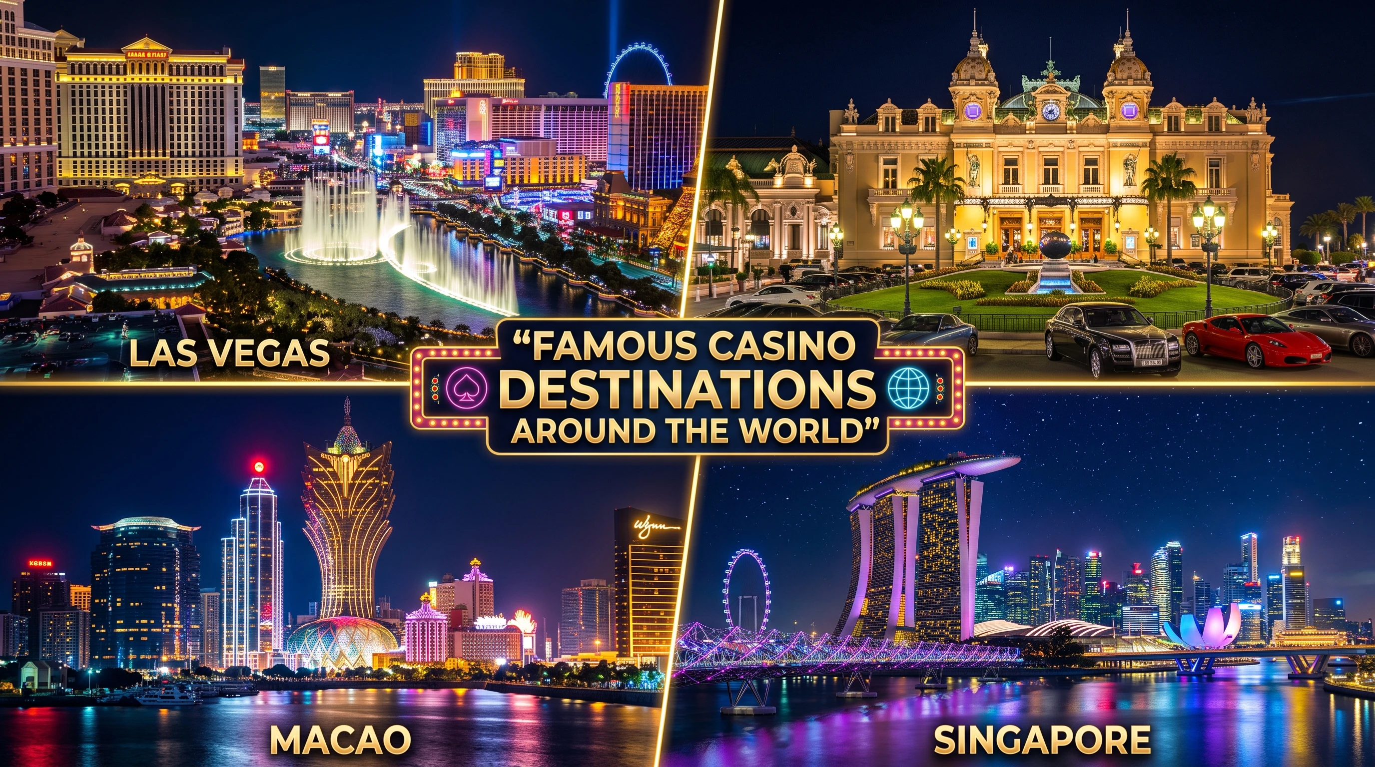 Collage of famous casino destinations around the world, including Las Vegas, Monte Carlo, and Macao, with vibrant night lights, iconic casino buildings, and cityscapes.