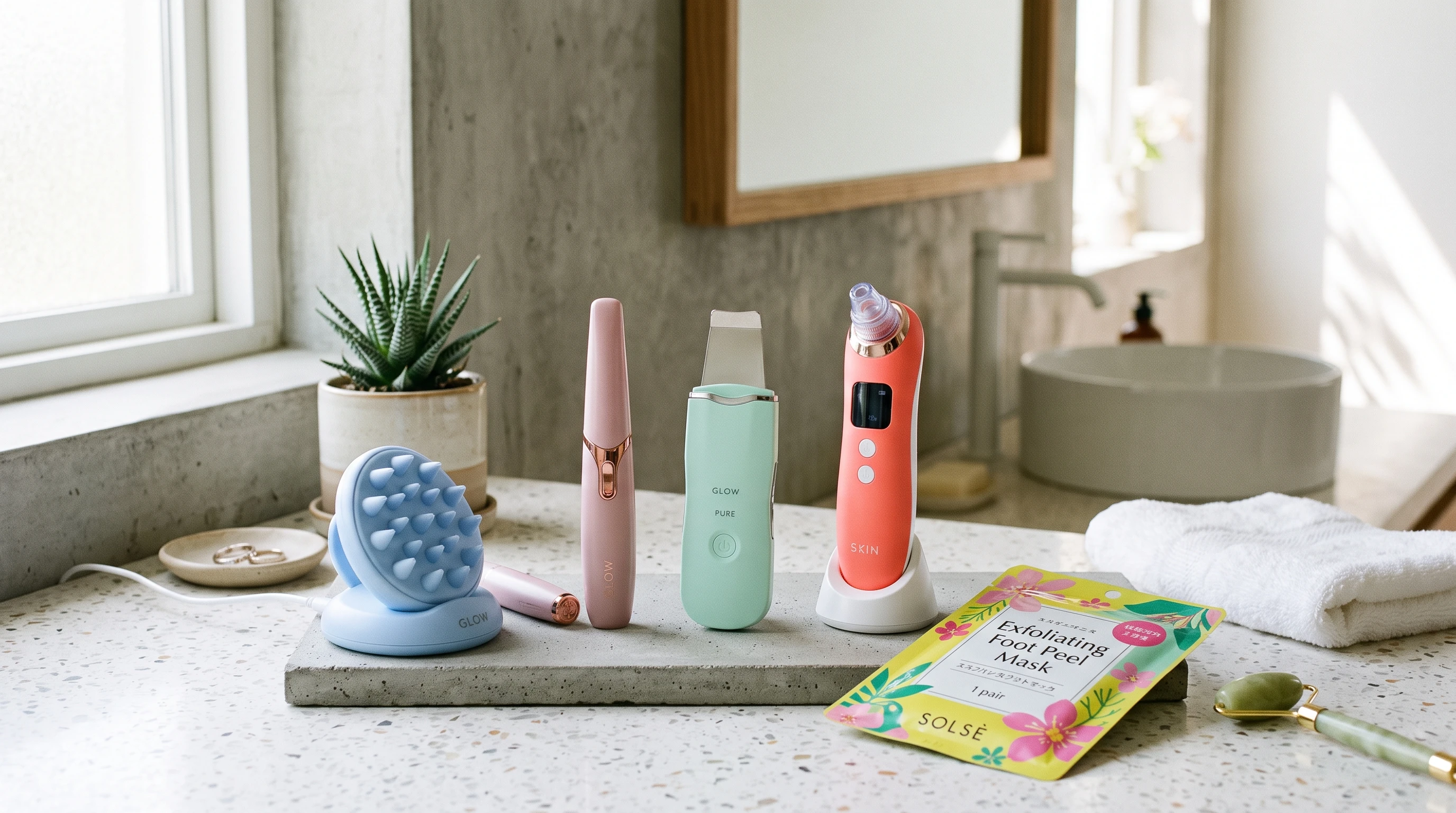 A quirky assortment of odd personal care gadgets on a minimalistic countertop