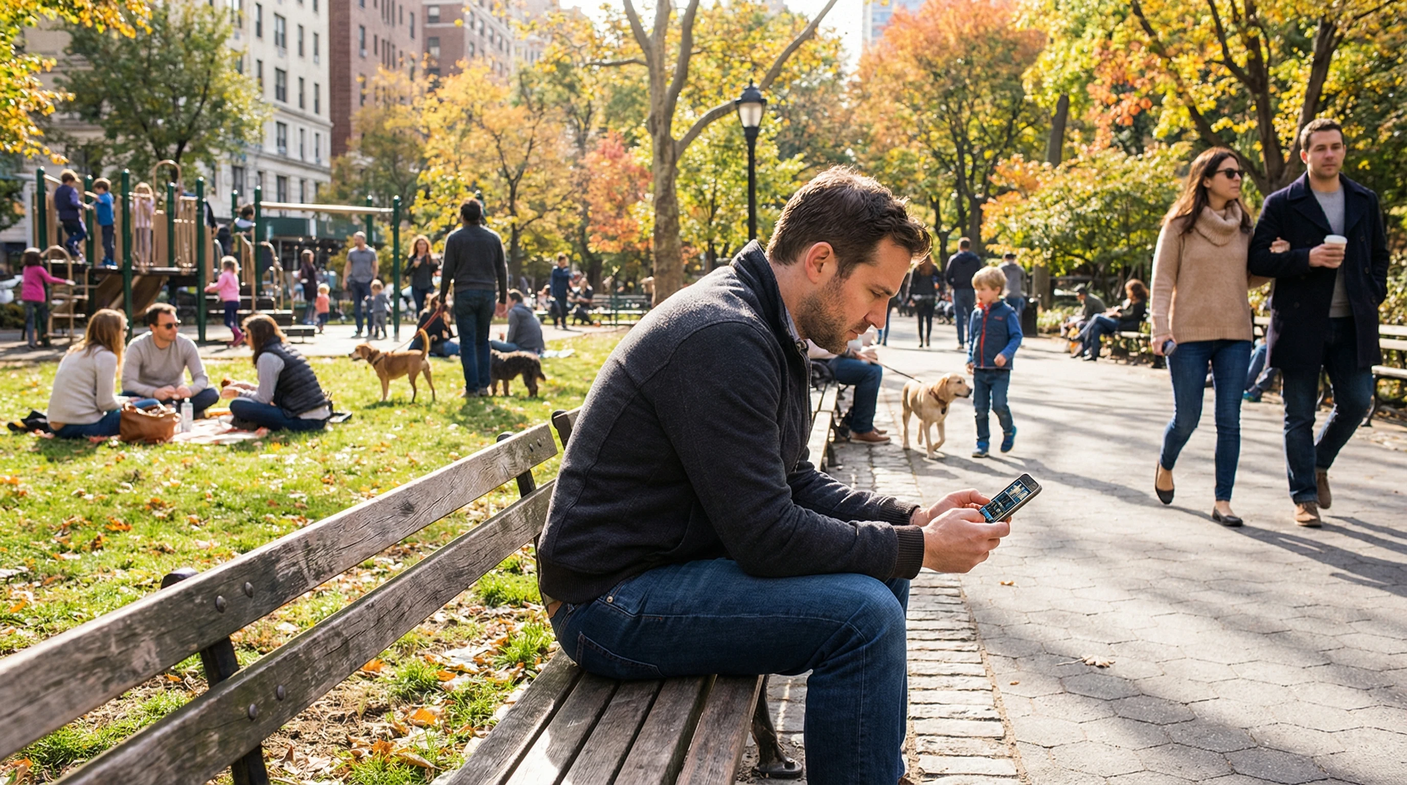 Man sitting alone on a wooden park bench in a busy city park during autumn, leaning forward and focused on his smartphone, appearing to play an online slot game, while people walk by, children play, dogs roam, and colorful fall trees fill the background.
