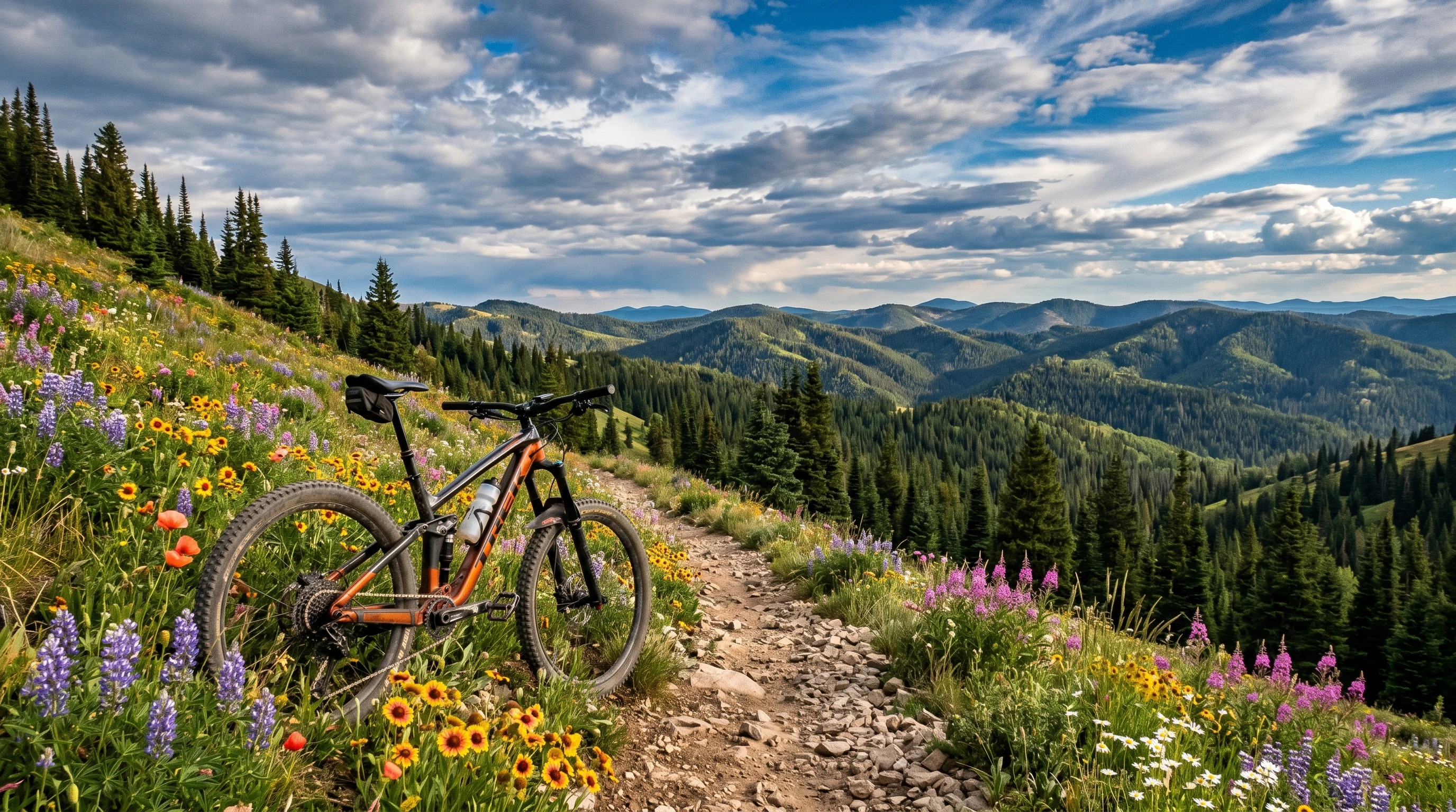 Mountain trail winding through rocky terrain, bordered by pine trees and wildflowers. A high-end mountain bike with thick tires leans against a rock. The sky above is clear with just a hint of cloud, showing off morning sunlight hitting the mountain ridge.