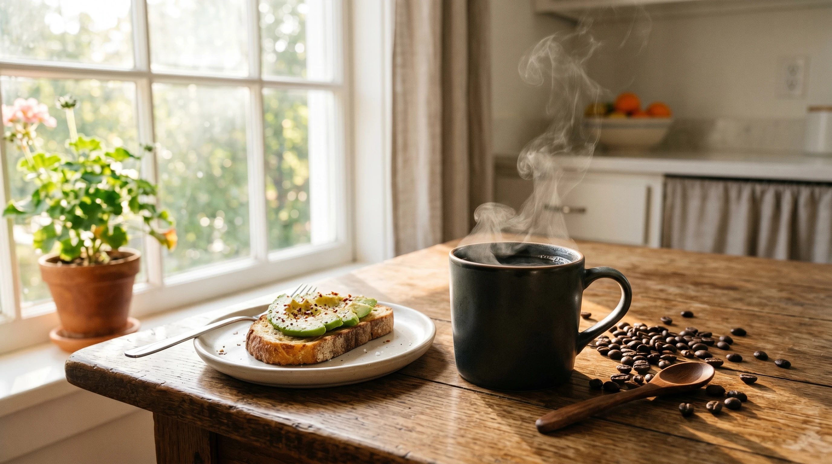 A steaming mug of black coffee on a kitchen table with sunlight streaming through a window, next to scattered coffee beans and a simple breakfast item, with a clean and uncluttered background.