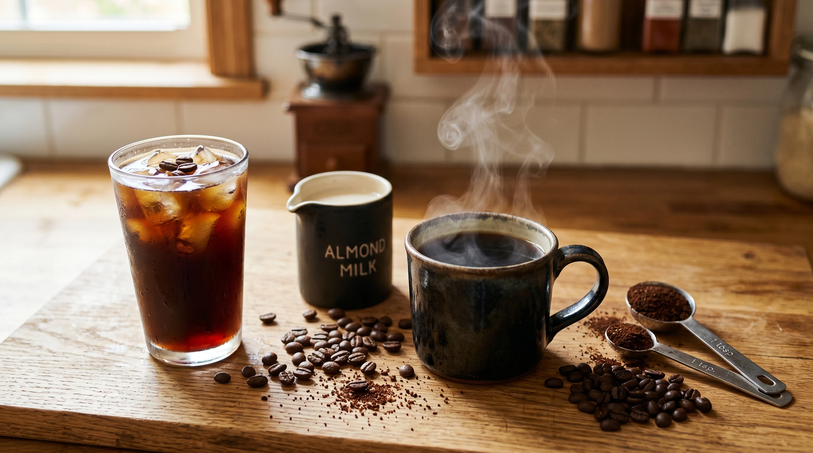A steaming cup of black coffee on a kitchen counter, surrounded by coffee beans, measuring spoons, and a small jug of milk. The image shows different coffee options and ingredients commonly used for homemade coffee.