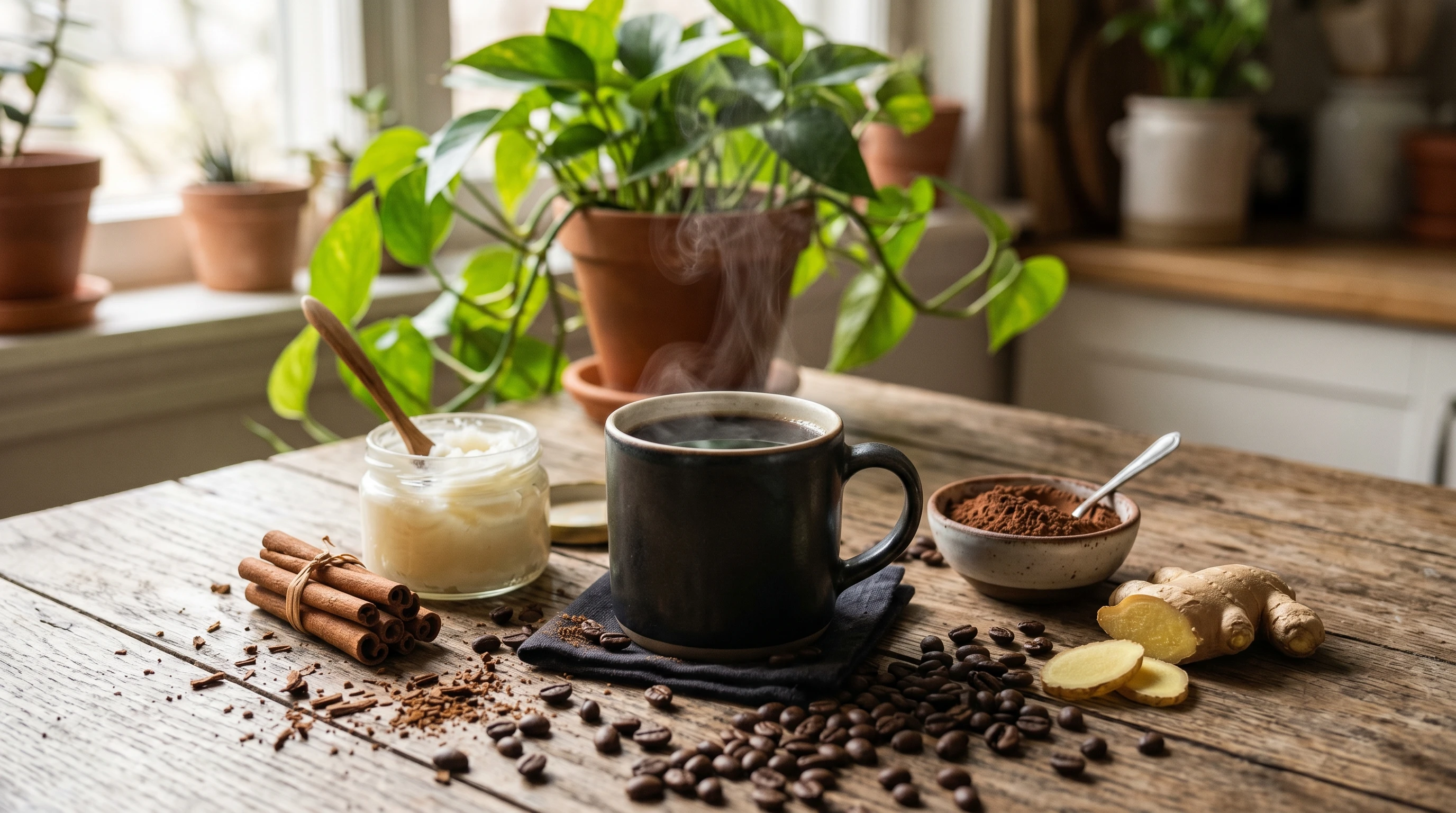A photo of a steaming mug of coffee surrounded by natural fat-burning ingredients like cinnamon sticks, coconut oil, and cocoa powder. A fresh green plant sits in the background next to a wooden table scattered with coffee beans. The setting gives a cozy, energizing vibe.