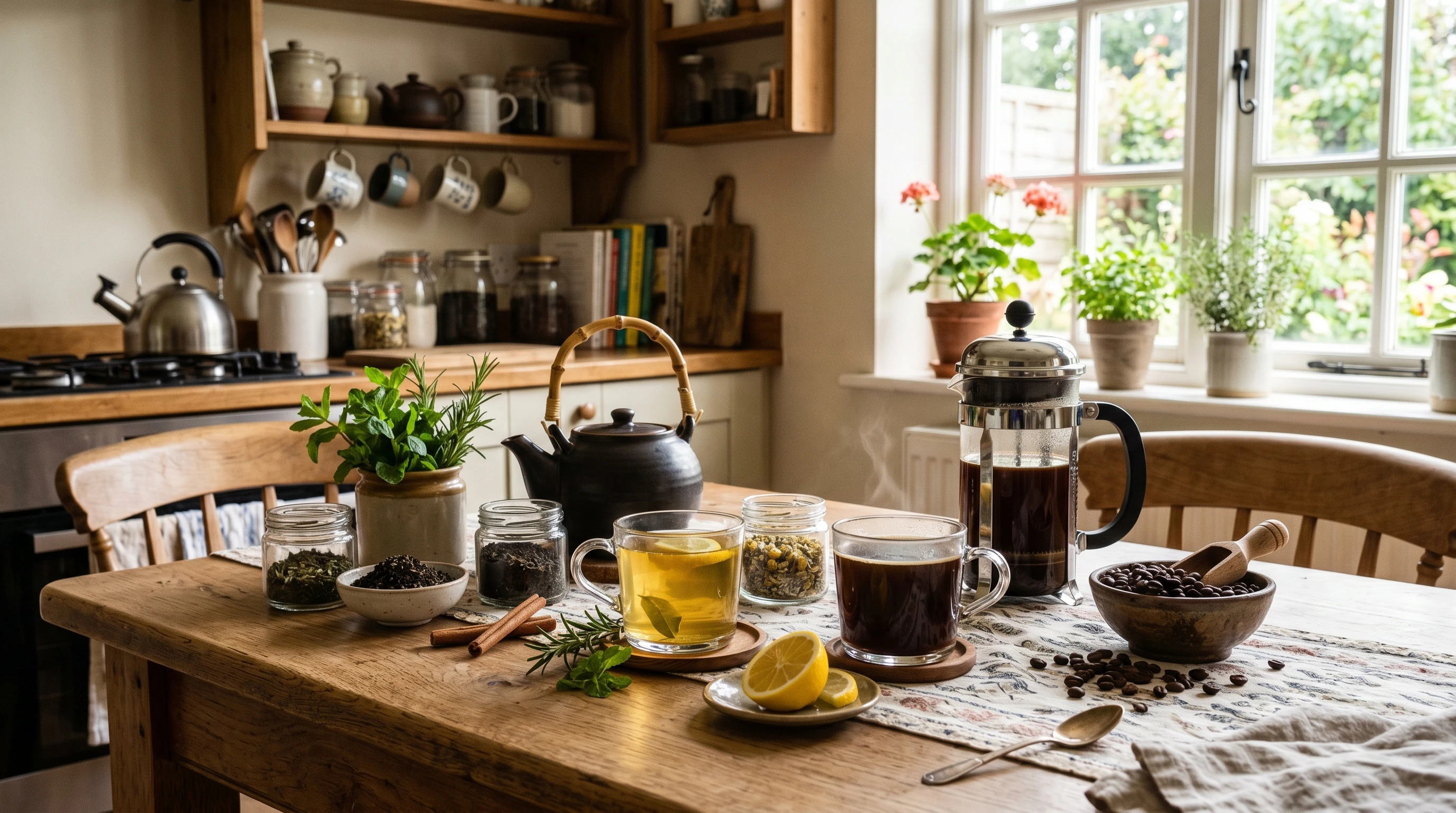 A cozy kitchen with a table set with different types of tea leaves, coffee beans, a teapot, and a French press. Bright, natural lighting gives an inviting feel. Green tea and black coffee are displayed in clear cups. Herbs, a lemon wedge, and cinnamon sticks complete the scene.