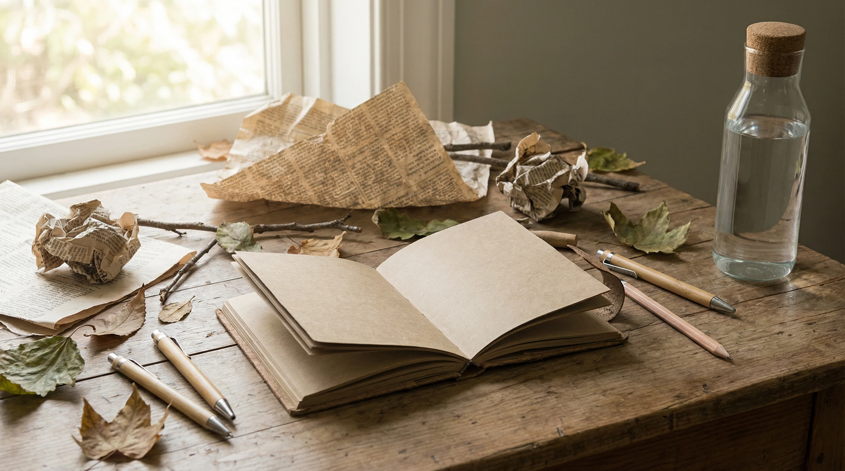 Flat lay photo of a natural, recycled-paper journal surrounded by leaves, twigs, old newspaper clippings, and eco-friendly stationery supplies like bamboo pens and a glass water bottle on a wooden desk. Nature light and earthy colors define the scene.