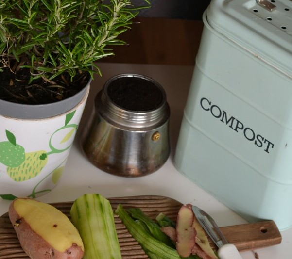 indoor compost bin with vege and plant props