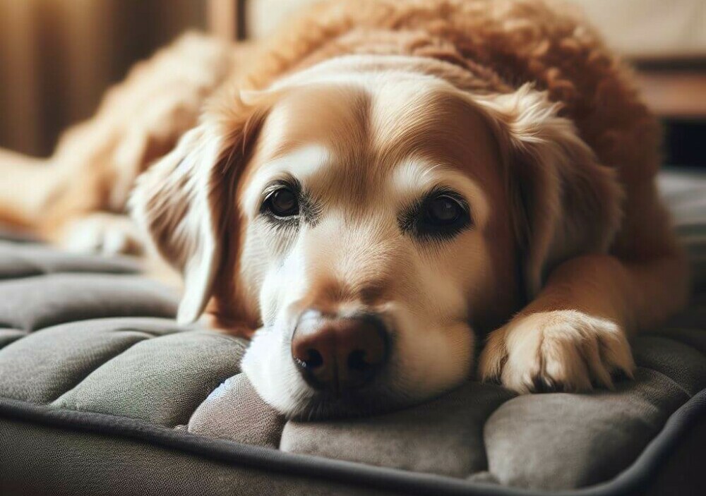 A dog sleeping on a mattress - Golden Years Paws