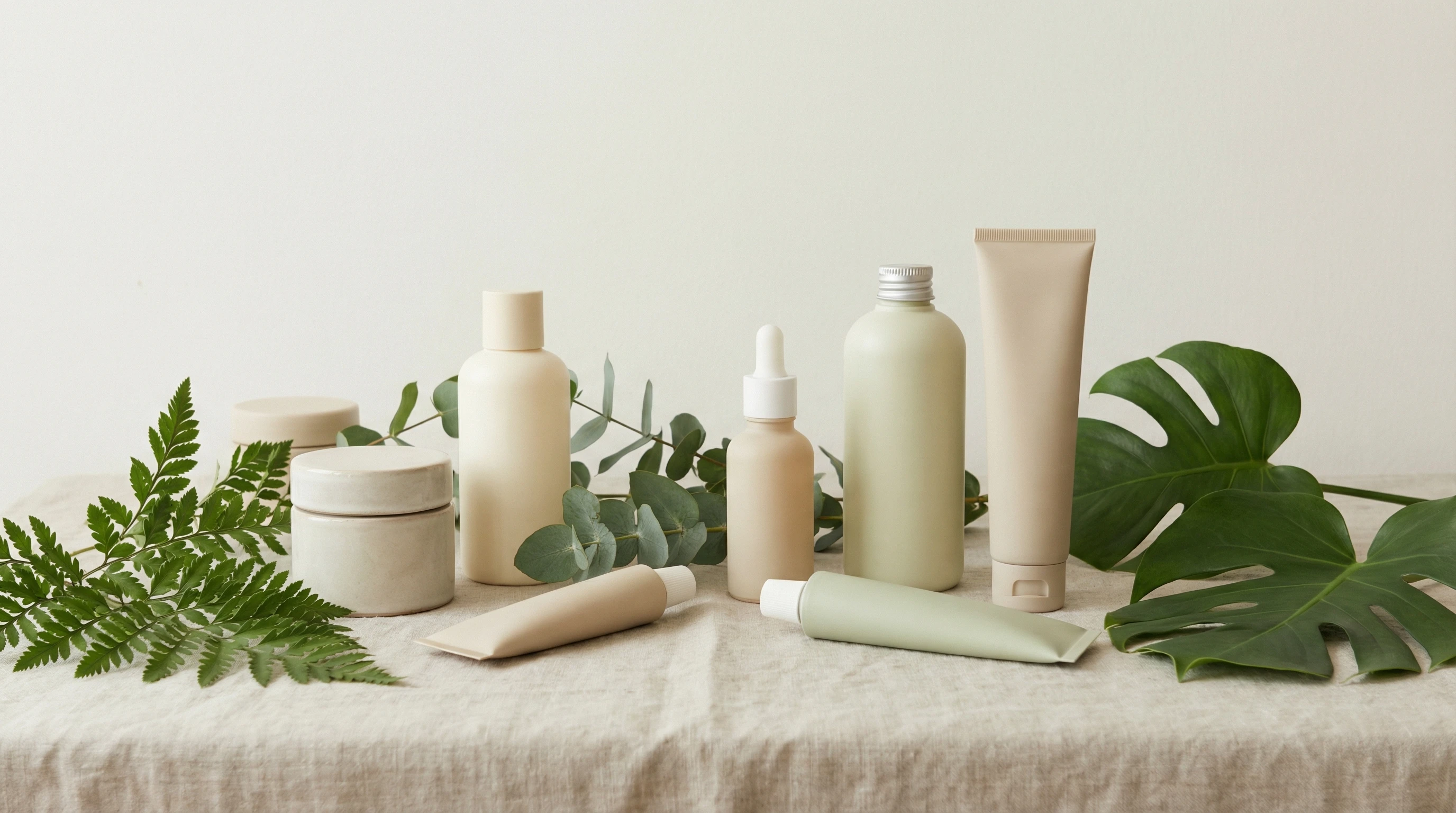 Assorted skincare products on a clean counter with small green leaves scattered around