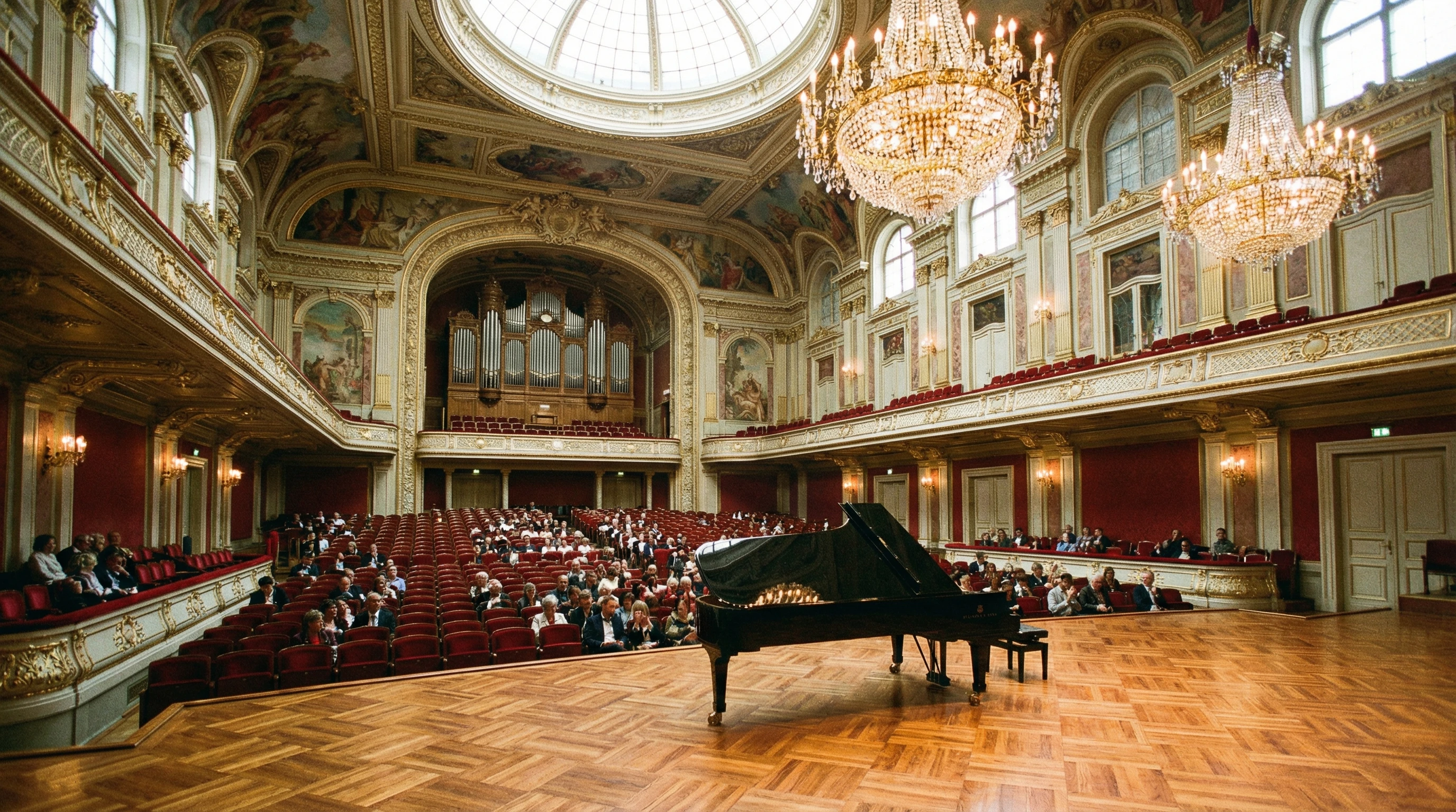 An elegant concert hall with a grand piano, lush red velvet seating, and golden chandeliers.
