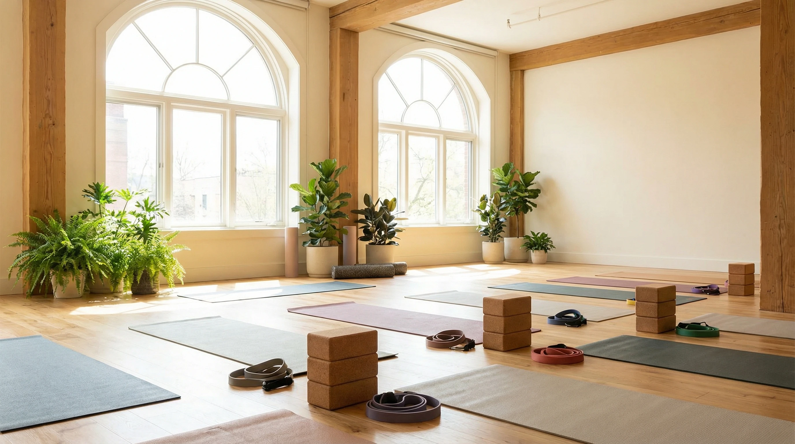 A serene fitness studio with floor mats, yoga blocks, foam rollers, and resistance bands neatly arranged. Sunlight streams in through large windows, highlighting an atmosphere ready for stretching and mobility exercises.