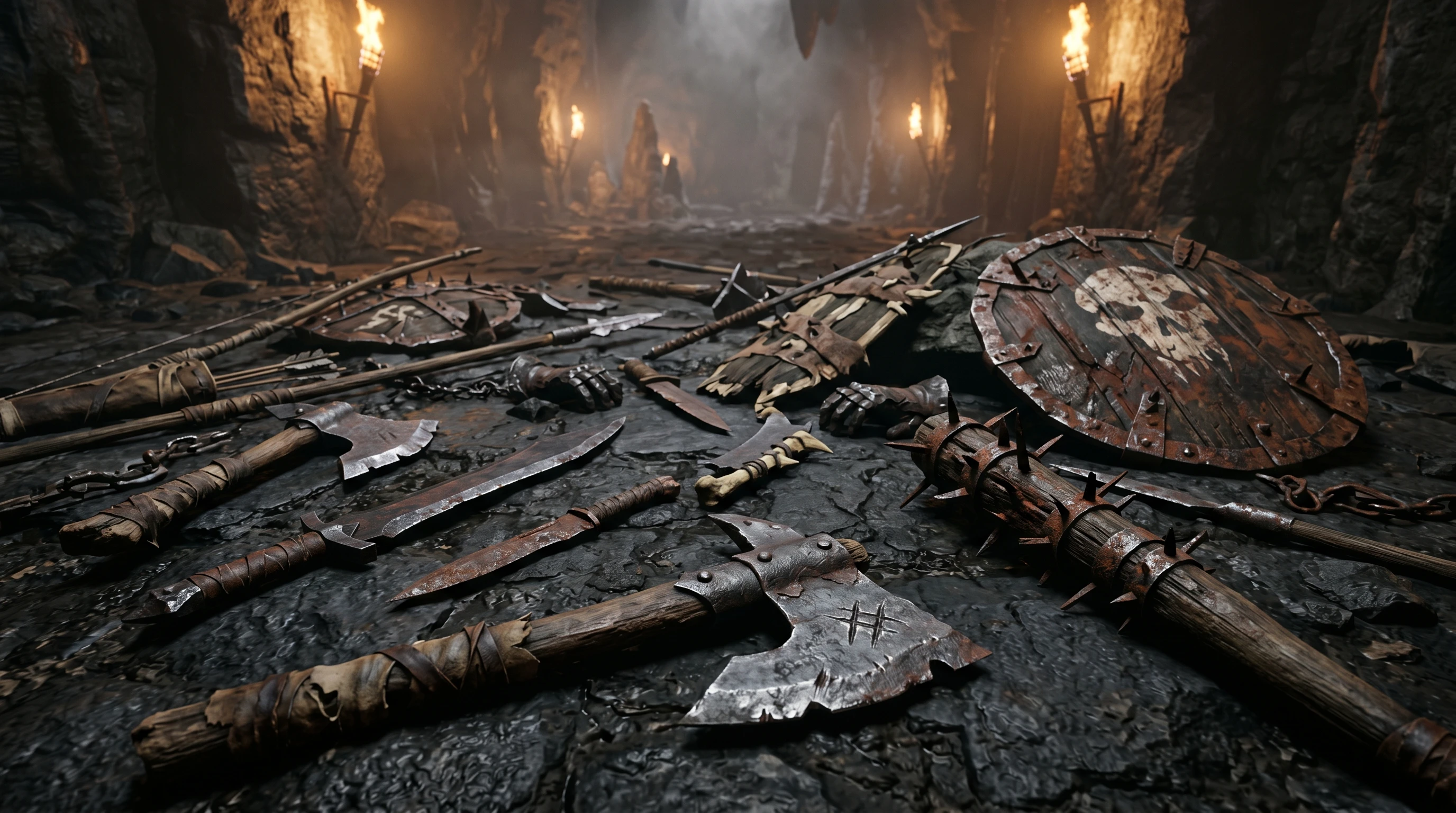 A collection of battered orc and goblin weapons scattered on a dark stone floor. Includes crude axes, spiked clubs, jagged swords, and rusty shields, all with a rough, handmade look. Lightweight goblin gear and heavy orcish implements lie side by side. Mist and torches flicker in the background.