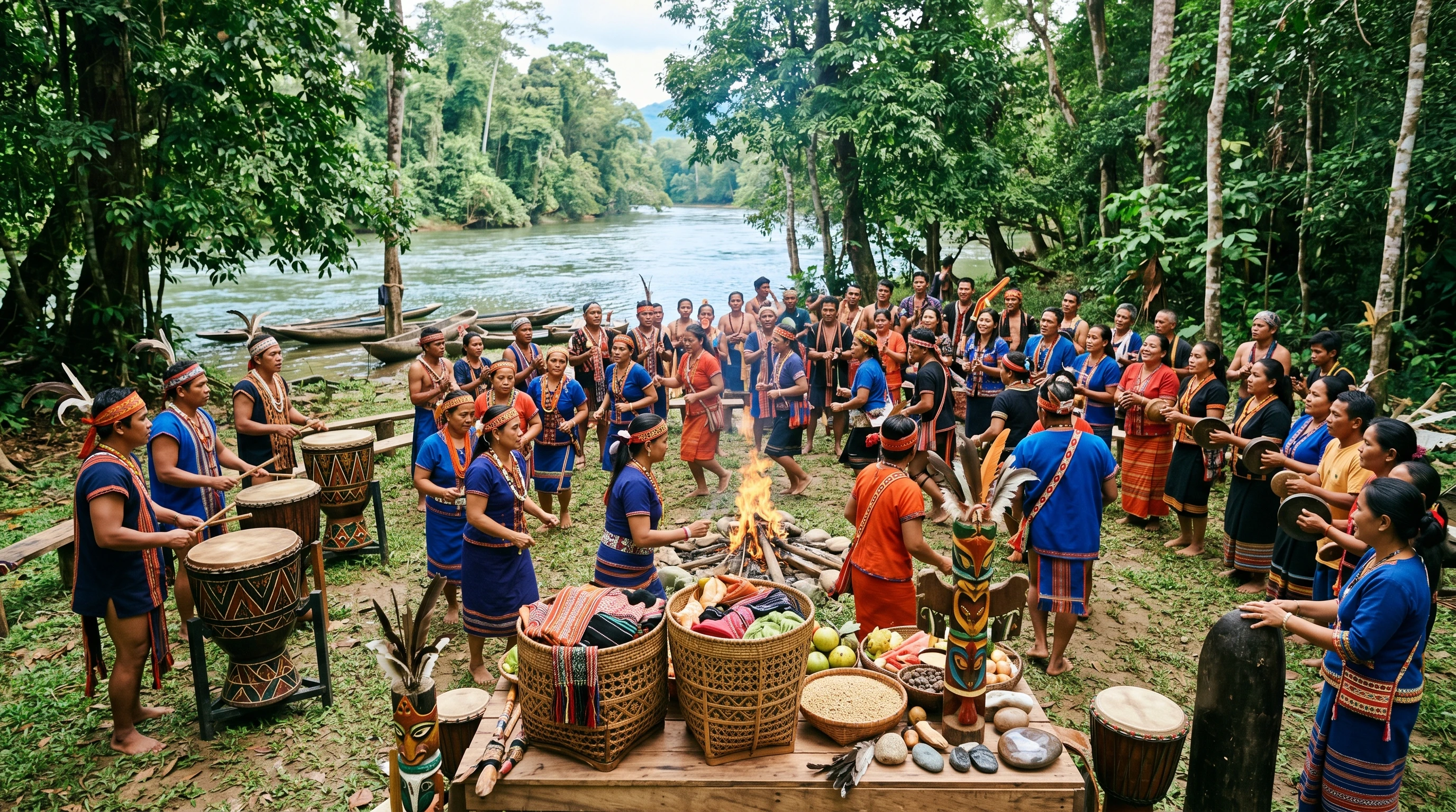 A tribal gathering with symbolic items, drums, and a lush natural background