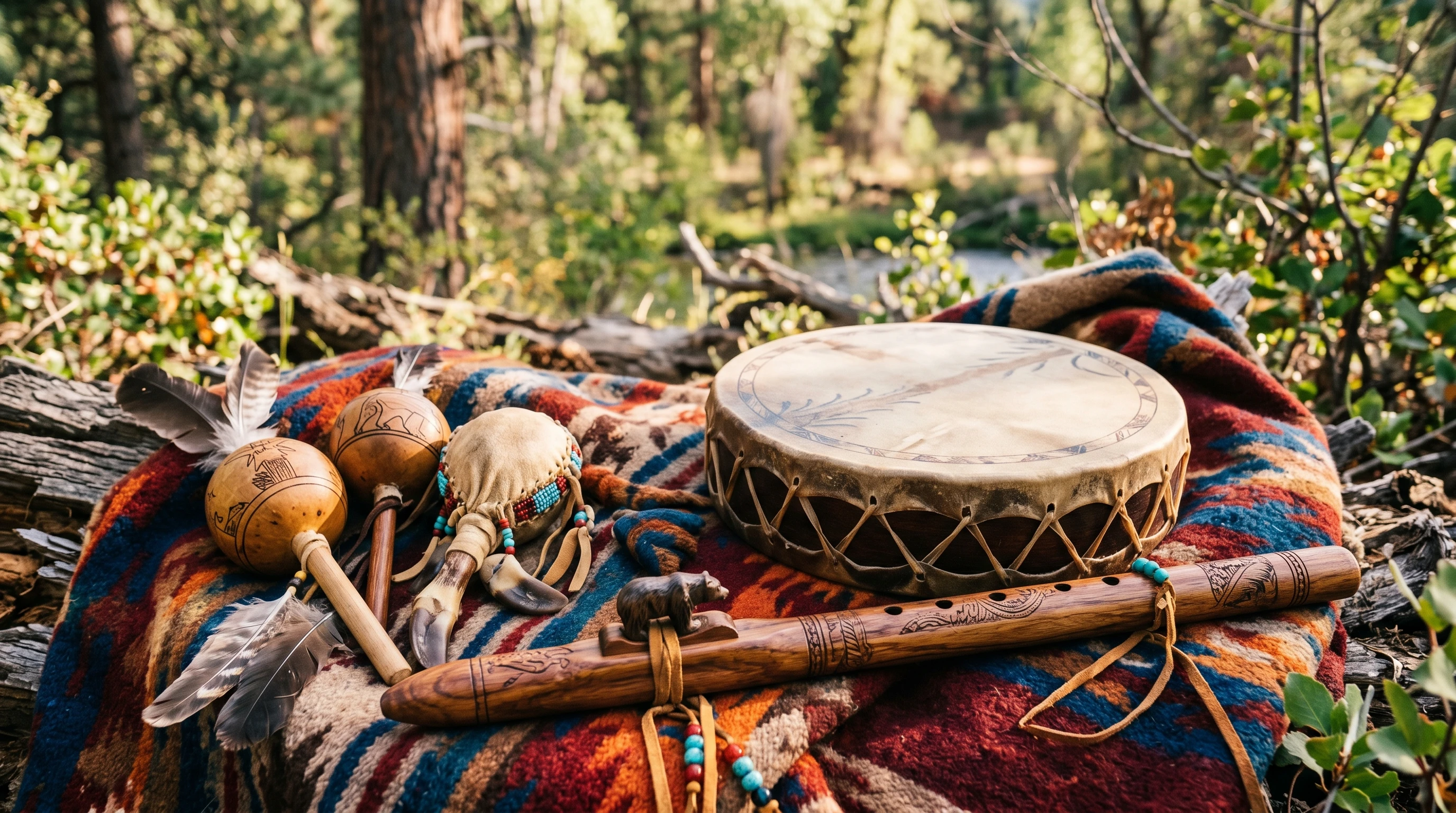 A close-up photo of traditional handmade Native American musical instruments like drums, flutes, and rattles placed on woven blankets with natural surroundings in the background.