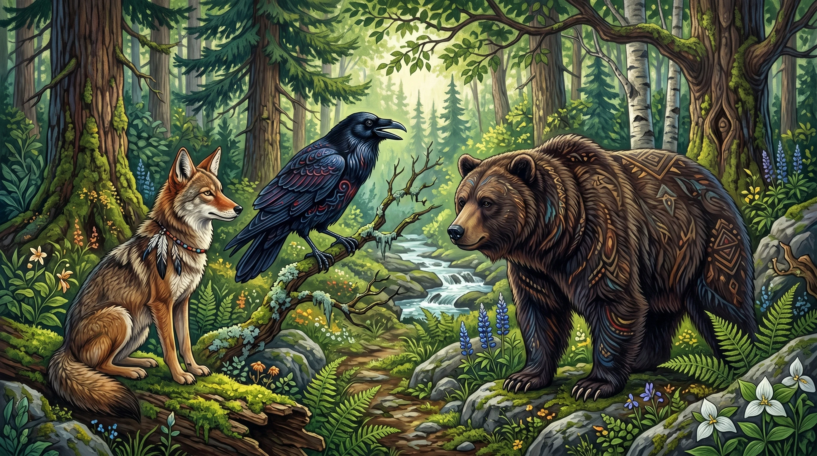 Classic animal figures in Native mythology, such as coyote, raven, and bear, illustrated in a natural woodland setting