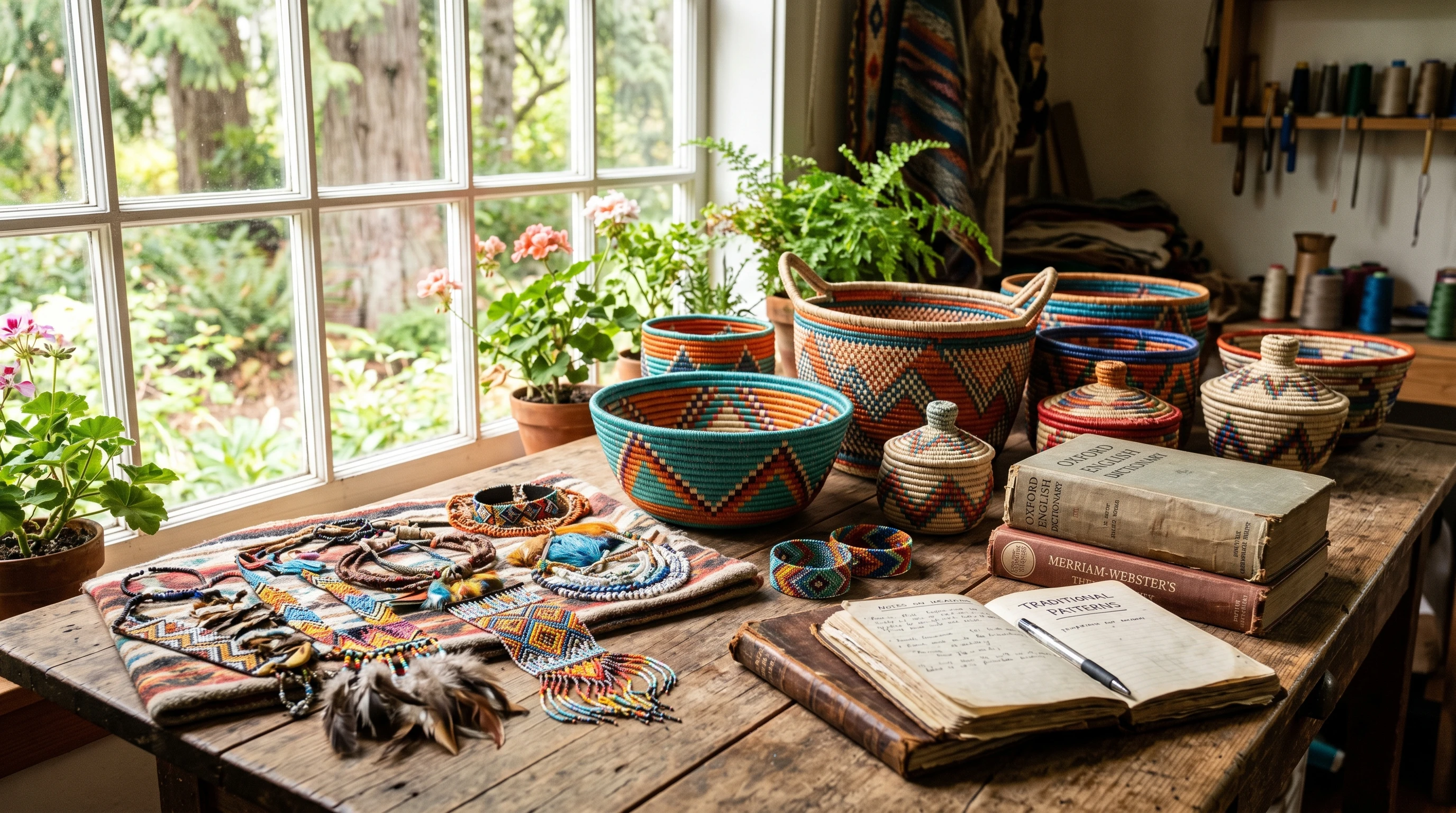 Colorful handwoven baskets and beadwork featuring traditional American Indian designs, arranged on a wooden table near old paper dictionaries and language materials.