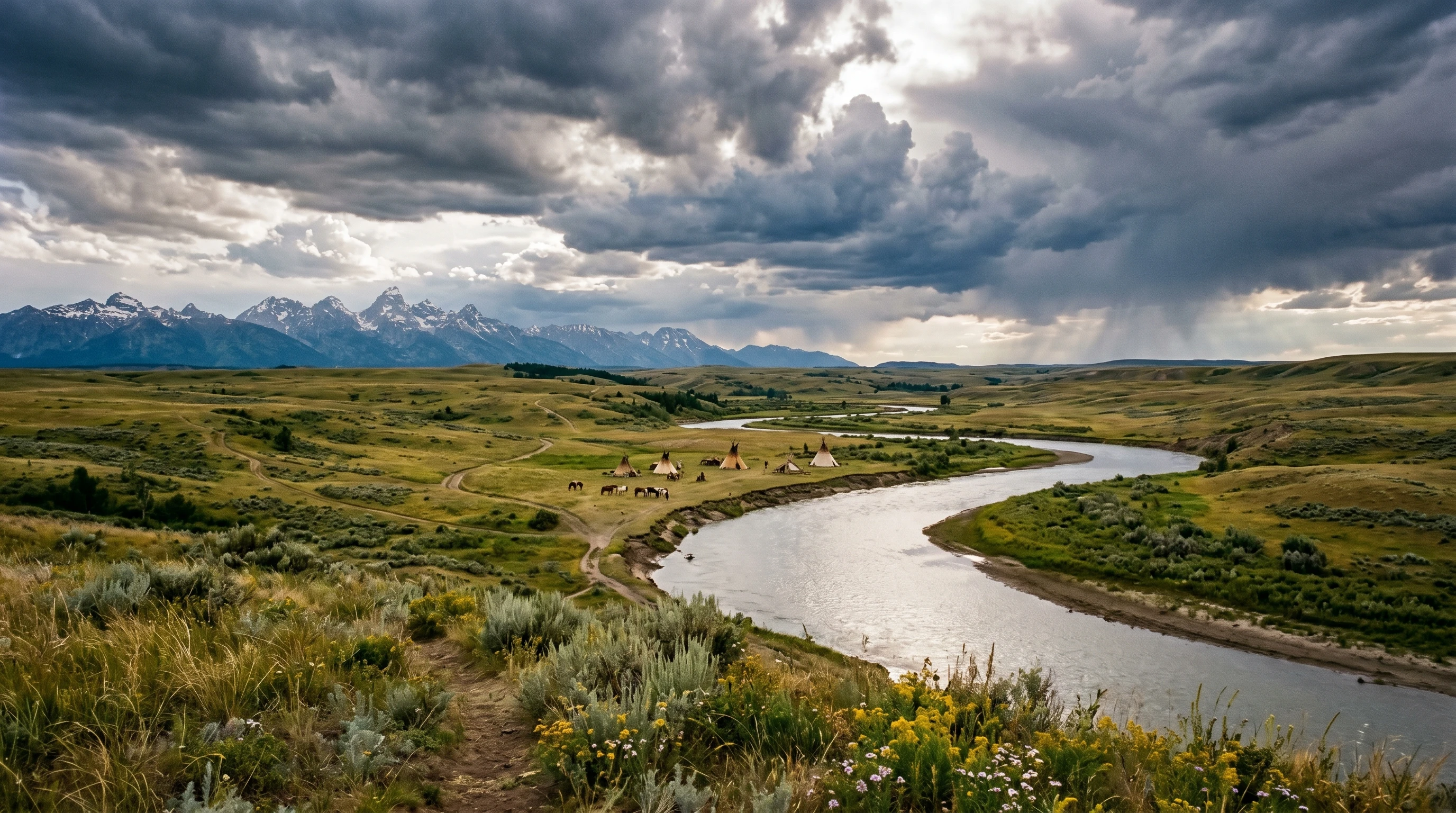 A landscape of the Great Plains with a river and distant mountains under a dramatic sky, representing the natural environment of many historic American Indian tribes.