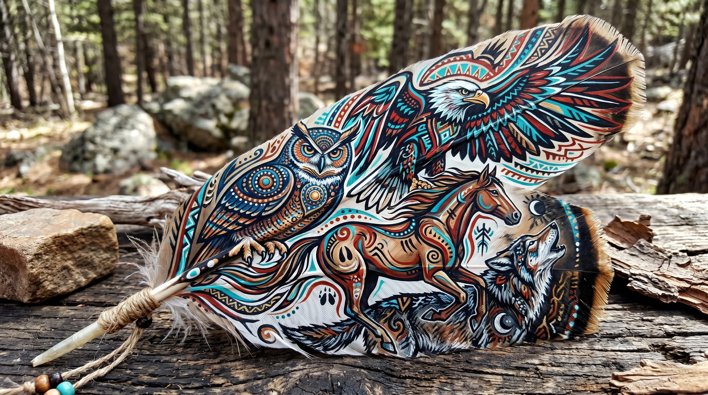 A painted feather depicting an eagle, an owl, a horse, and a wolf creatively blended with tribal patterns.