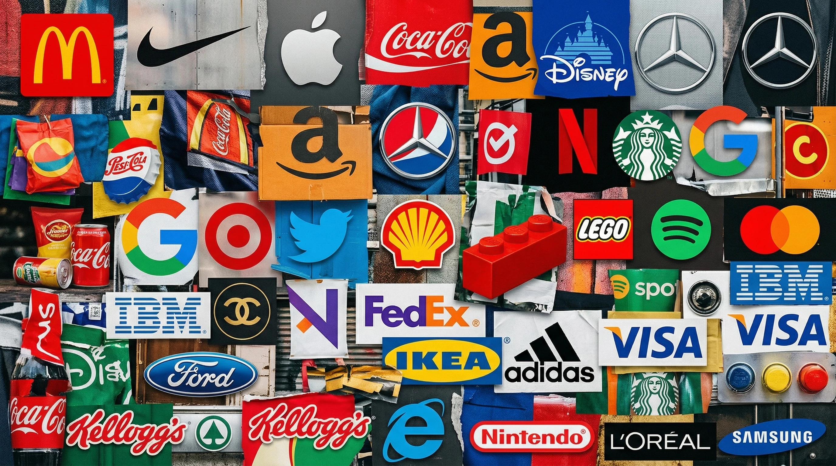 Abstract representation of logos and brand elements on colorful backgrounds.