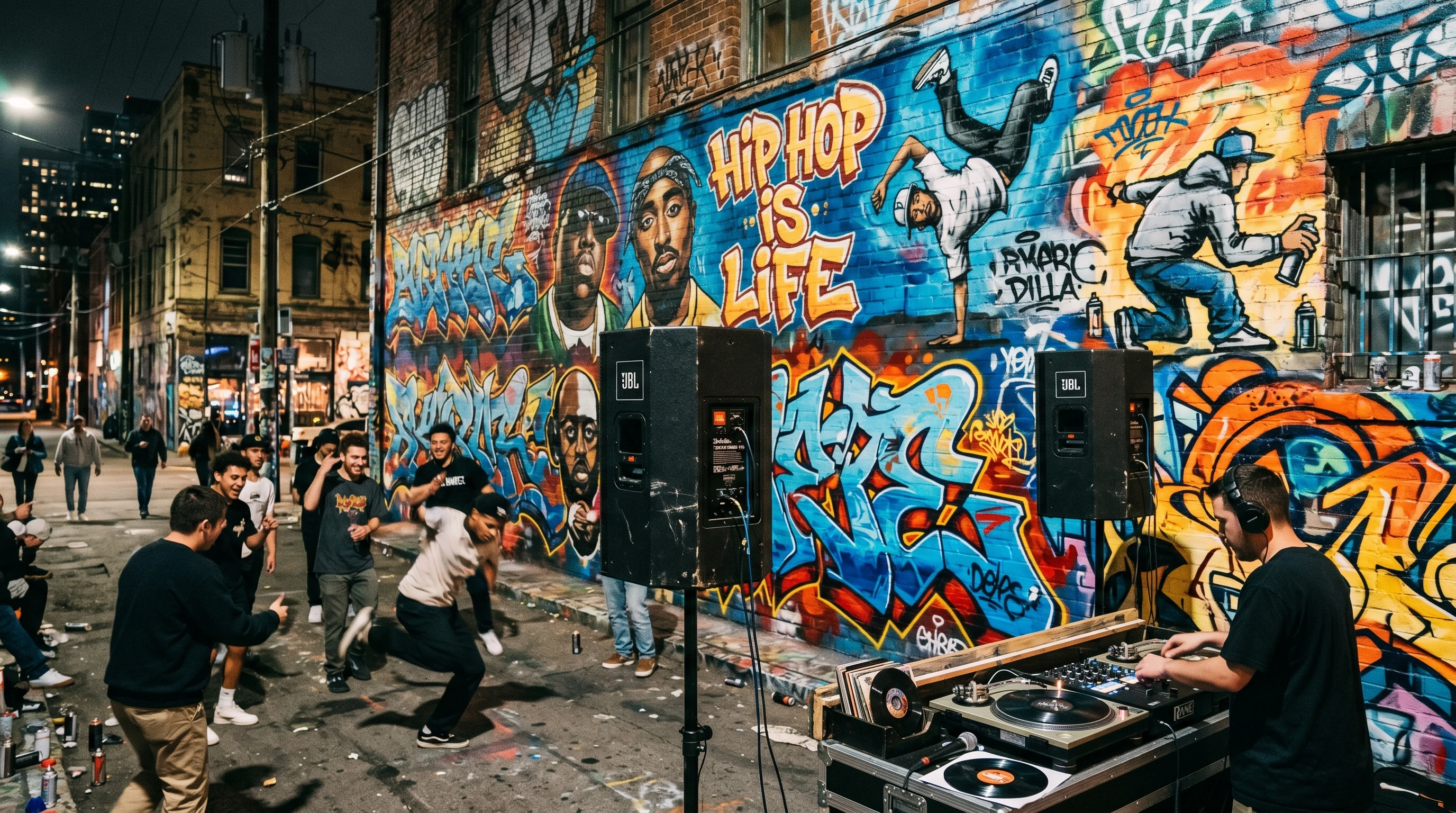 A graffiti-covered wall with urban scenery capturing the spirit of hip hop culture through art, speakers, and vibrant colors.