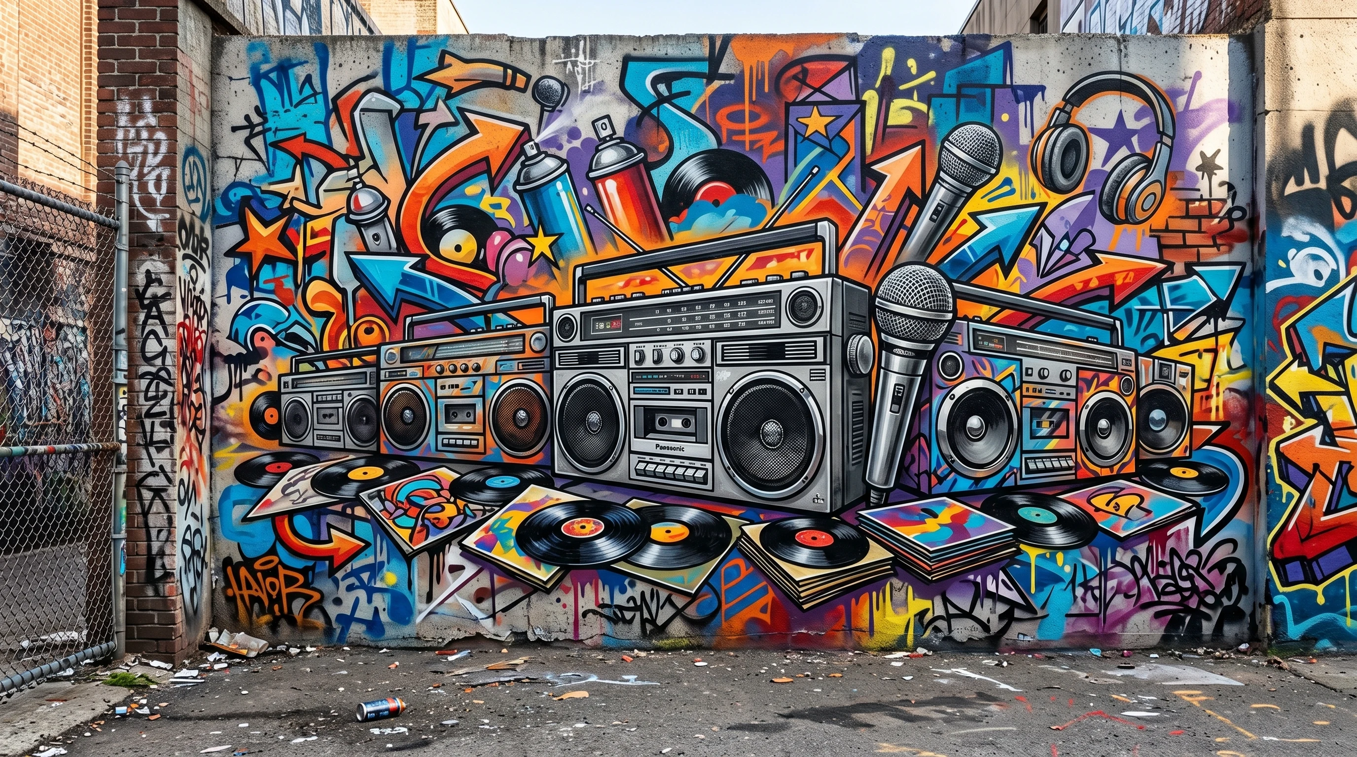 A graffiti-covered wall with boombox and vinyl records.