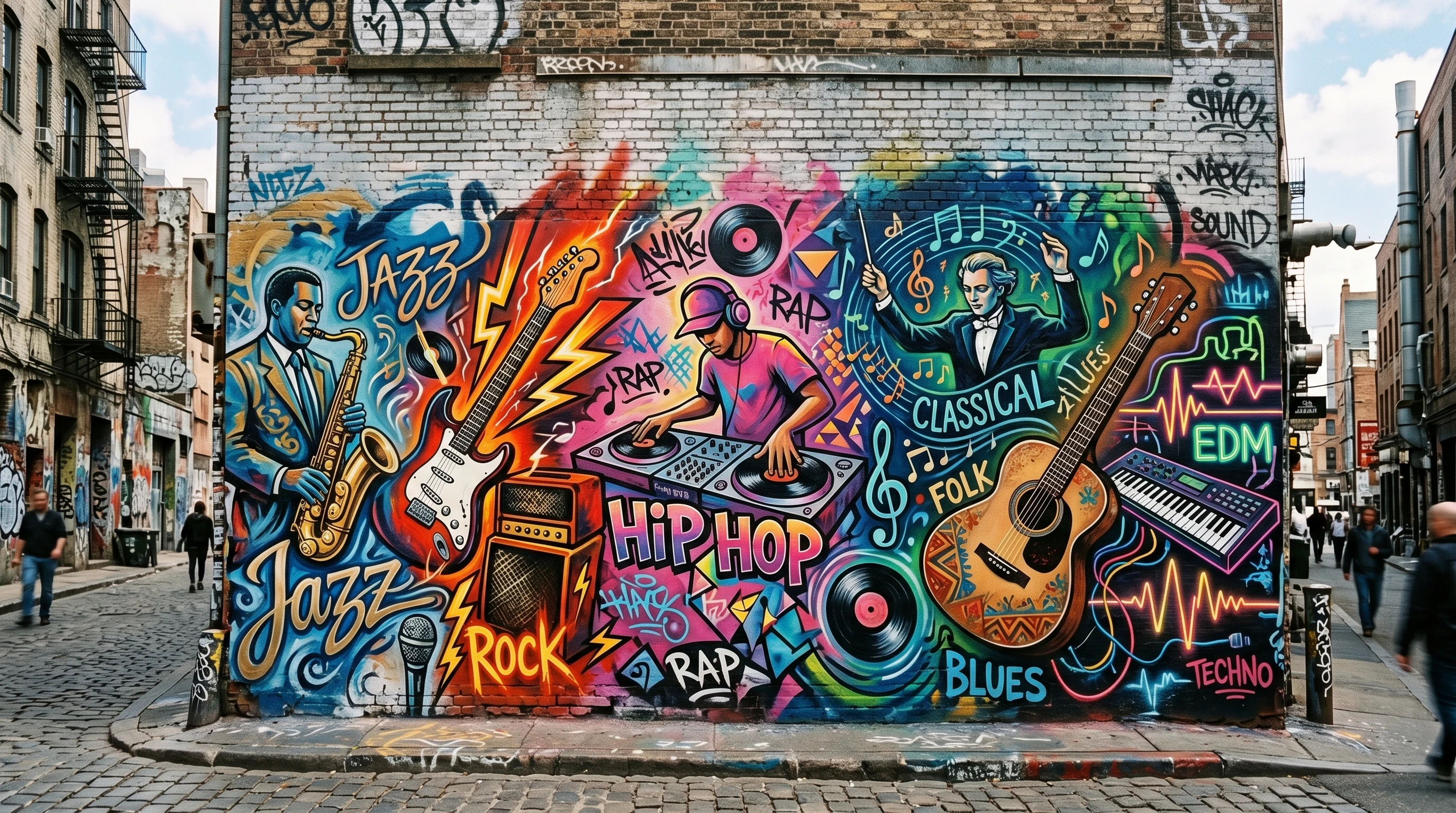 A vibrant, abstract graffiti mural representing musical genres blending together, set against a background of urban textures.