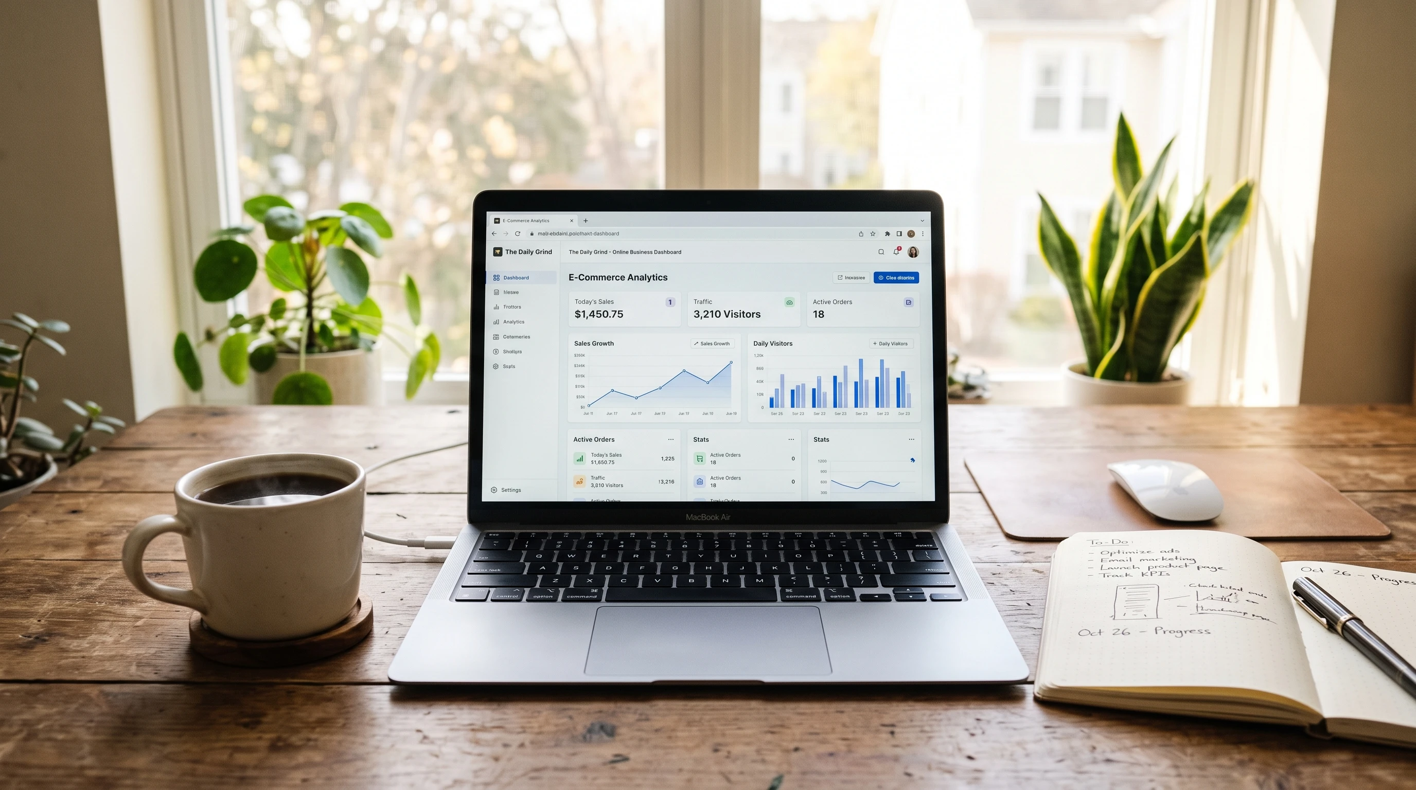 A laptop with an open website dashboard, a cup of coffee, and a notebook on a wooden desk. Bright window in the background, evoking the idea of working from home on an online business.