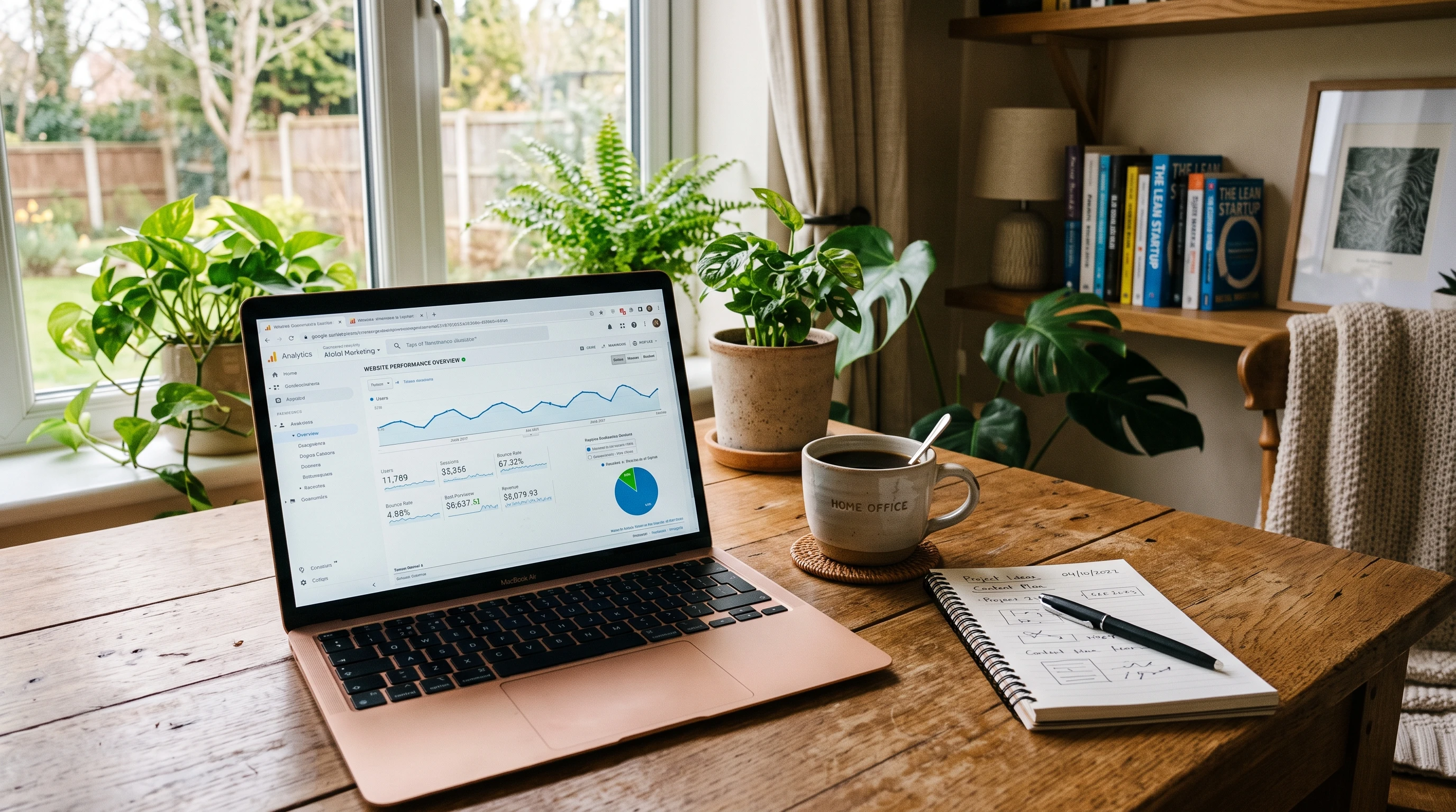 A laptop with website analytics, coffee cup, and notepad on a wooden desk