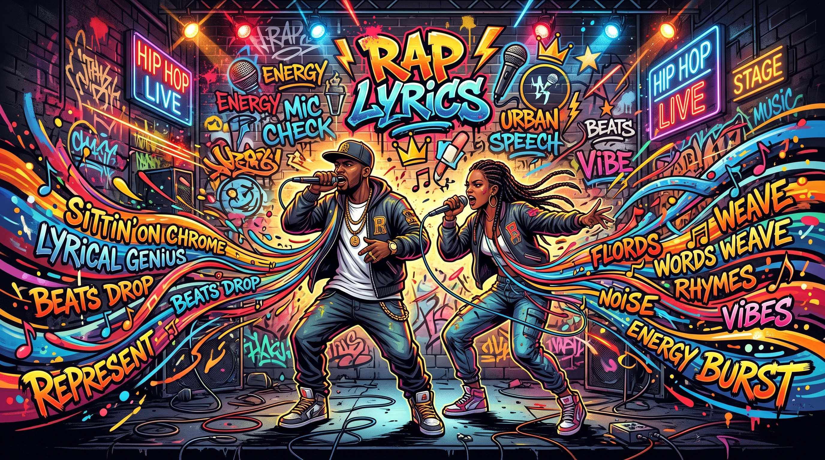 Colorful illustration of flowing music, graffiti-style backgrounds, and flashing lights representing the energy and complexity of rap lyrics.